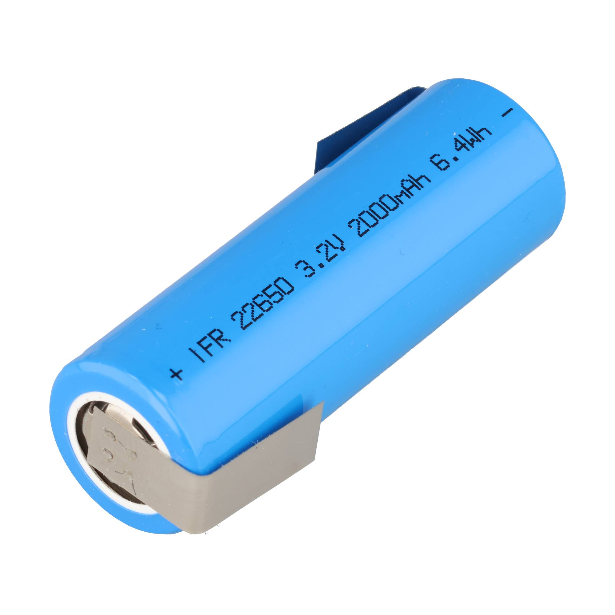 Eine blaue Batterie mit Beschriftung, auf weißem Hintergrund.