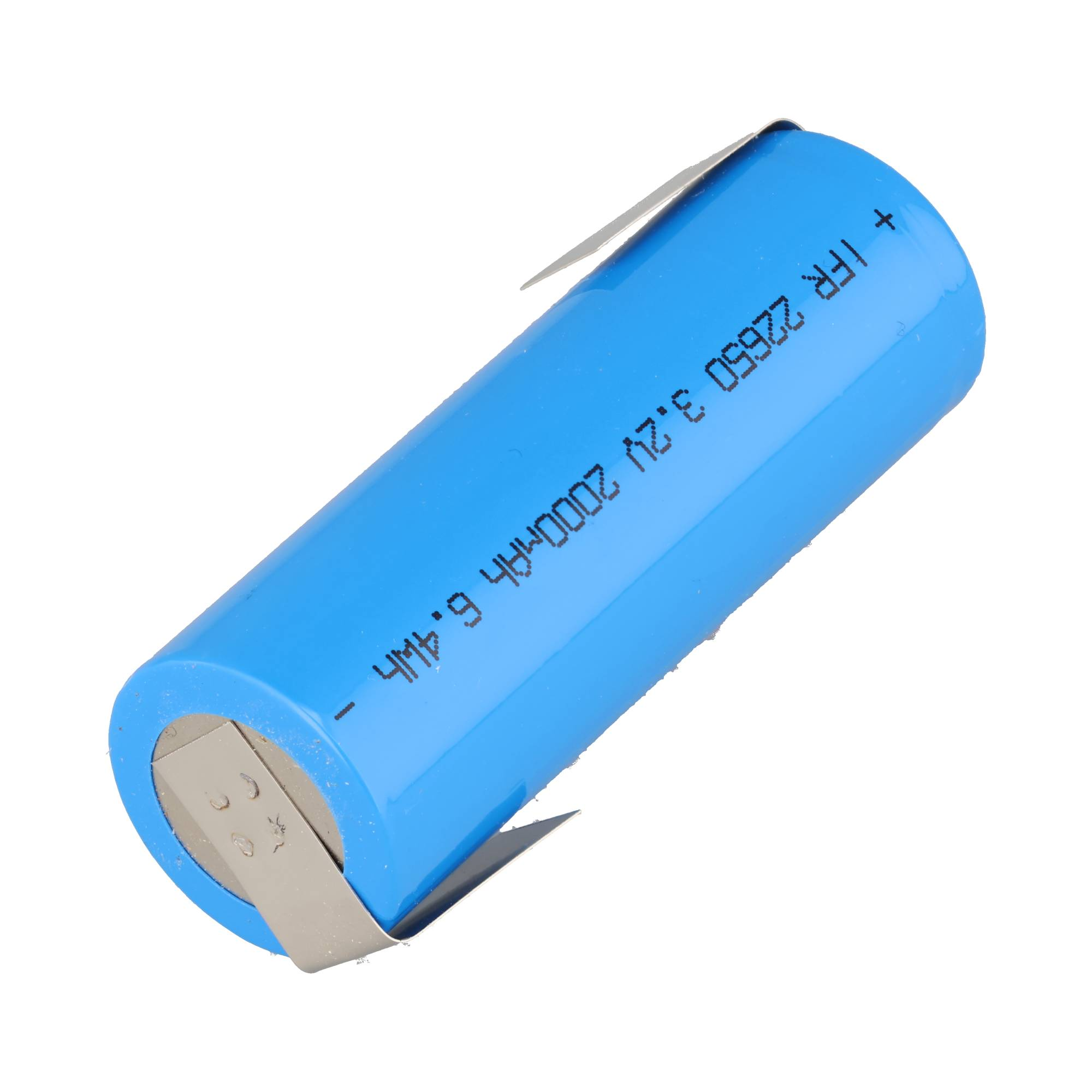 Eine blaue 3,2V 2000mAh Batterie mit Metallkontakten.