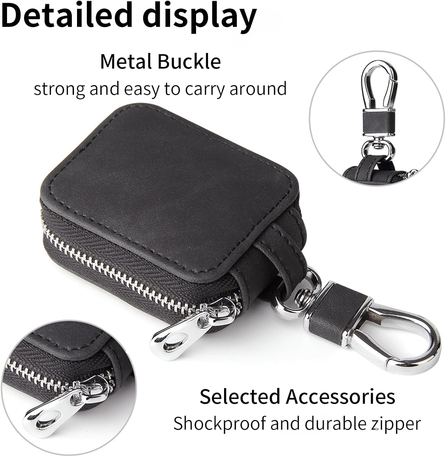 Eine schwarze Leder-Schlüsseltasche mit Metallreißverschluss und Schnalle.