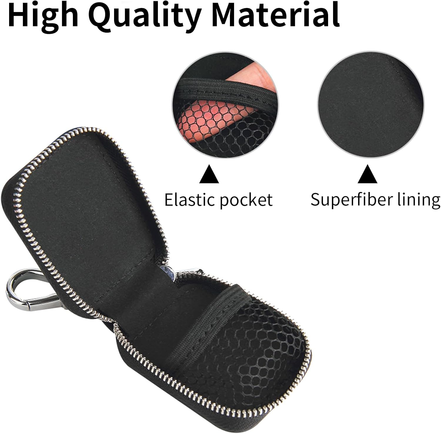 Schwarzer Reißverschlussetui mit elastischer Tasche und Mikrofaserfutter.