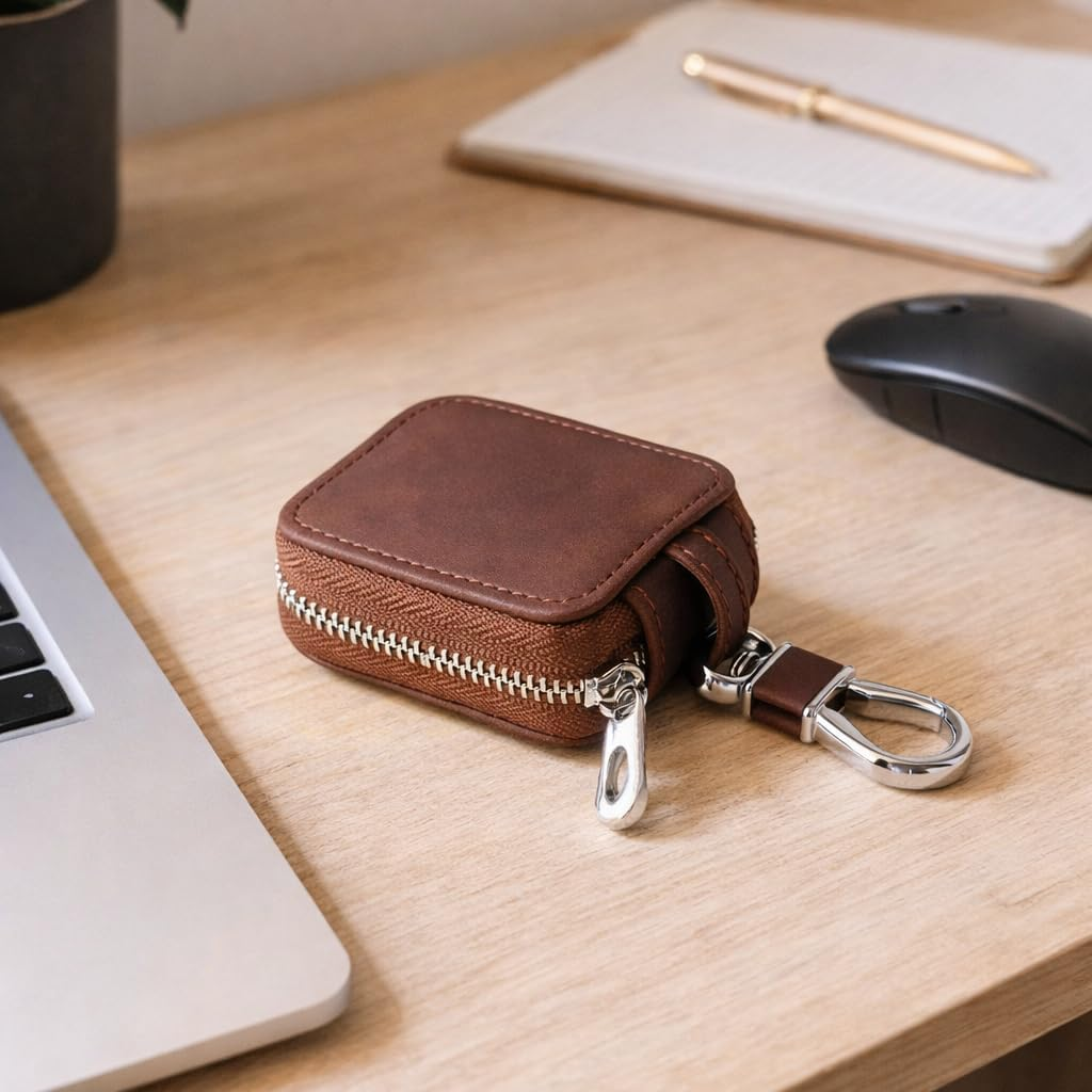 Braune Leder-Schlüsseltasche mit Reißverschluss und Metallkarabiner auf einem Holzschreibtisch.