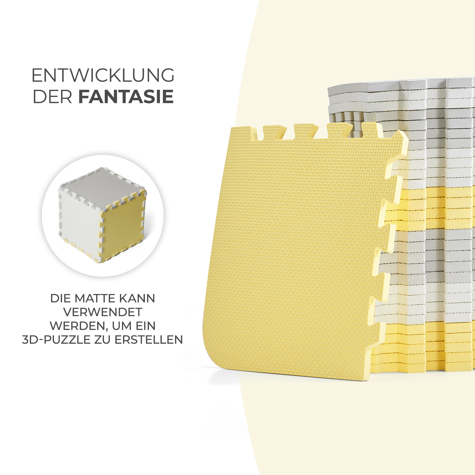 Gelbe und graue Schaumstoffmatten, gestapelt und als 3D-Würfel gezeigt.