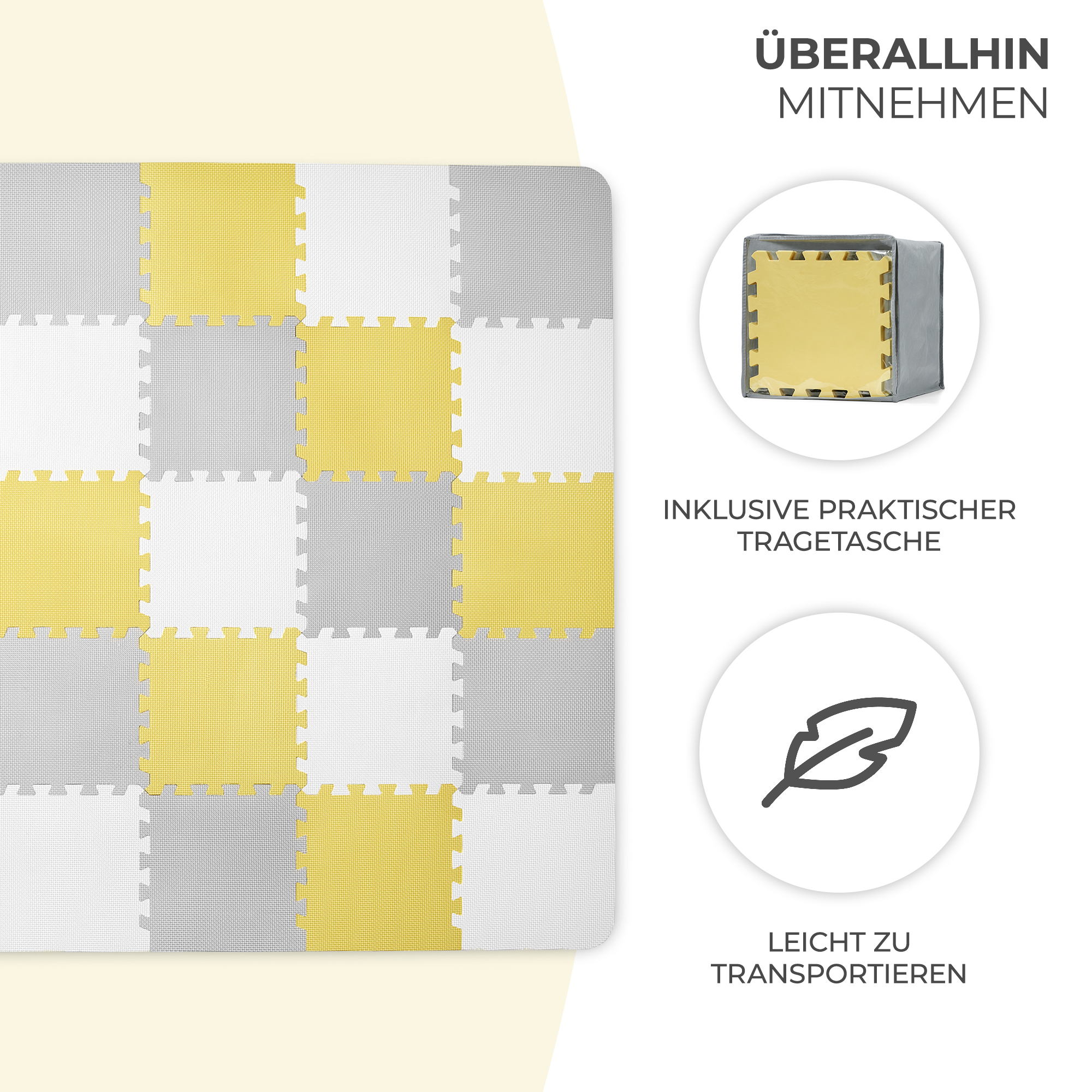 Puzzlematte in Gelb, Grau und Weiß, mit Tragetasche und Feder-Symbol.