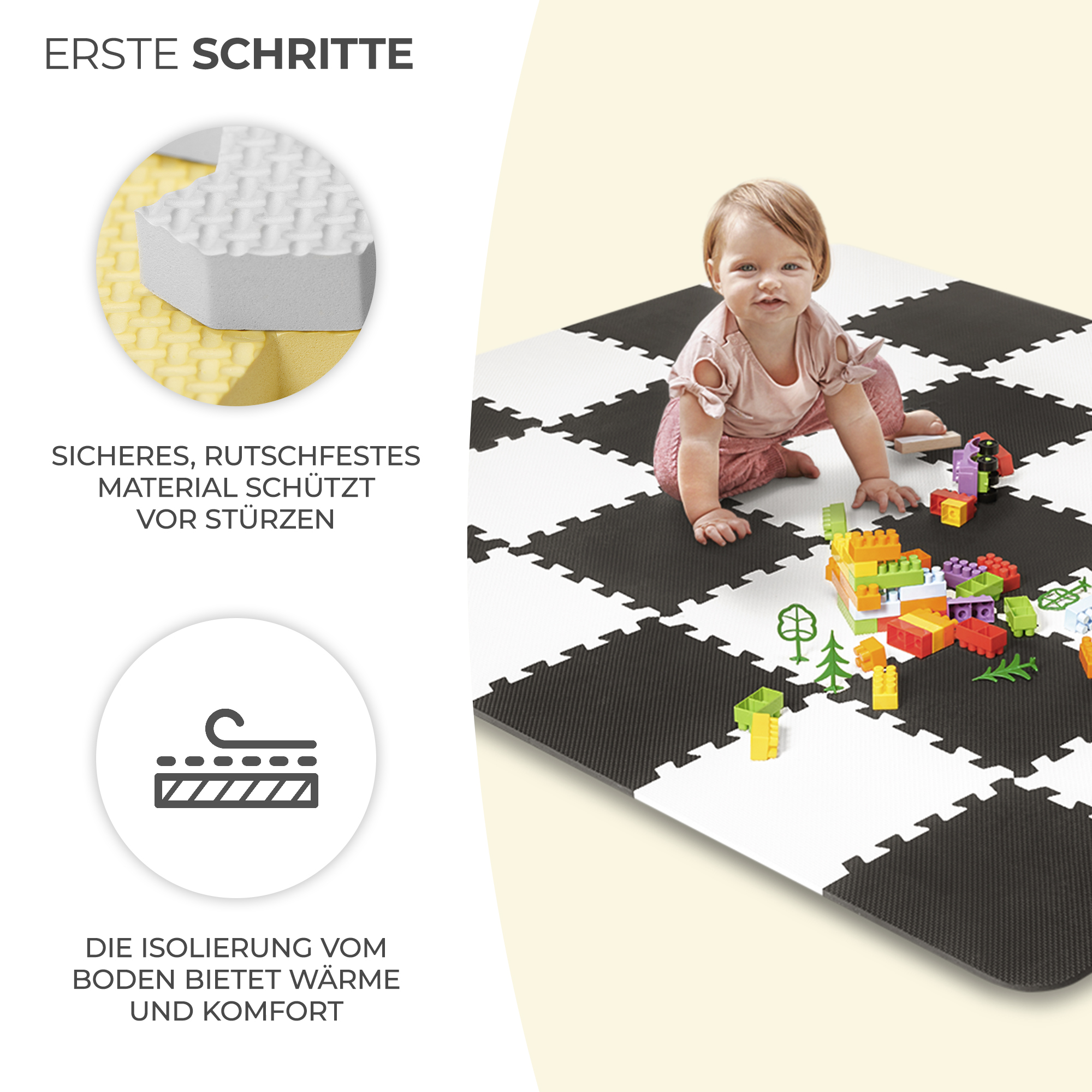 Ein Baby krabbelt auf einer schwarz-weißen Spielmatte mit bunten Bausteinen.