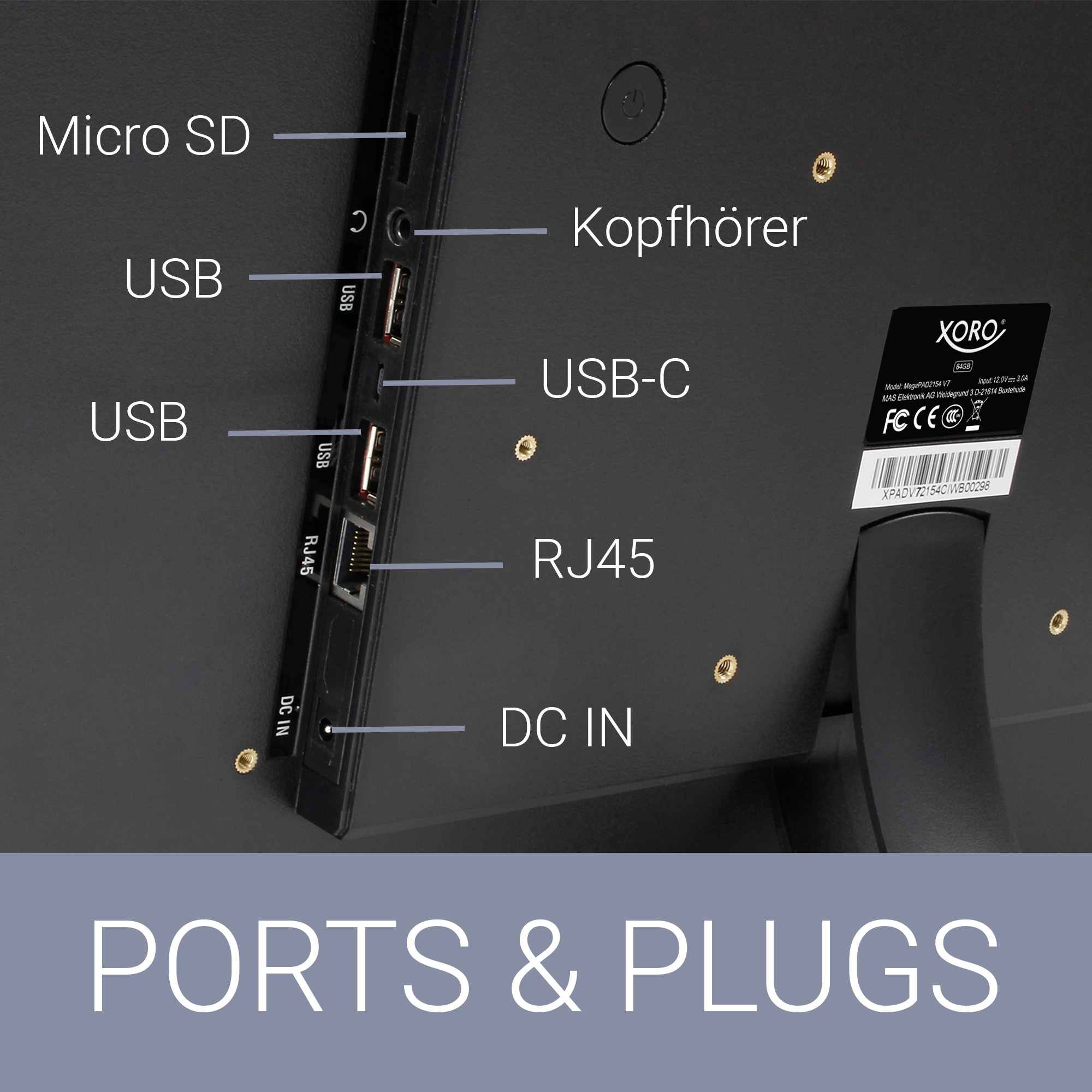 Anschlussseite eines Geräts mit Micro SD, USB, Kopfhörer, USB-C, RJ45 und DC IN.
