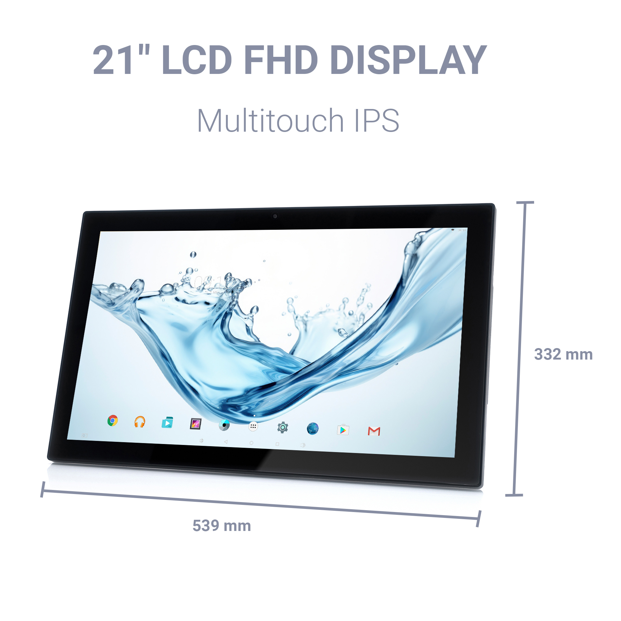 Ein 21-Zoll-Multitouch-IPS-LCD-Display mit den Maßen 539x332mm.