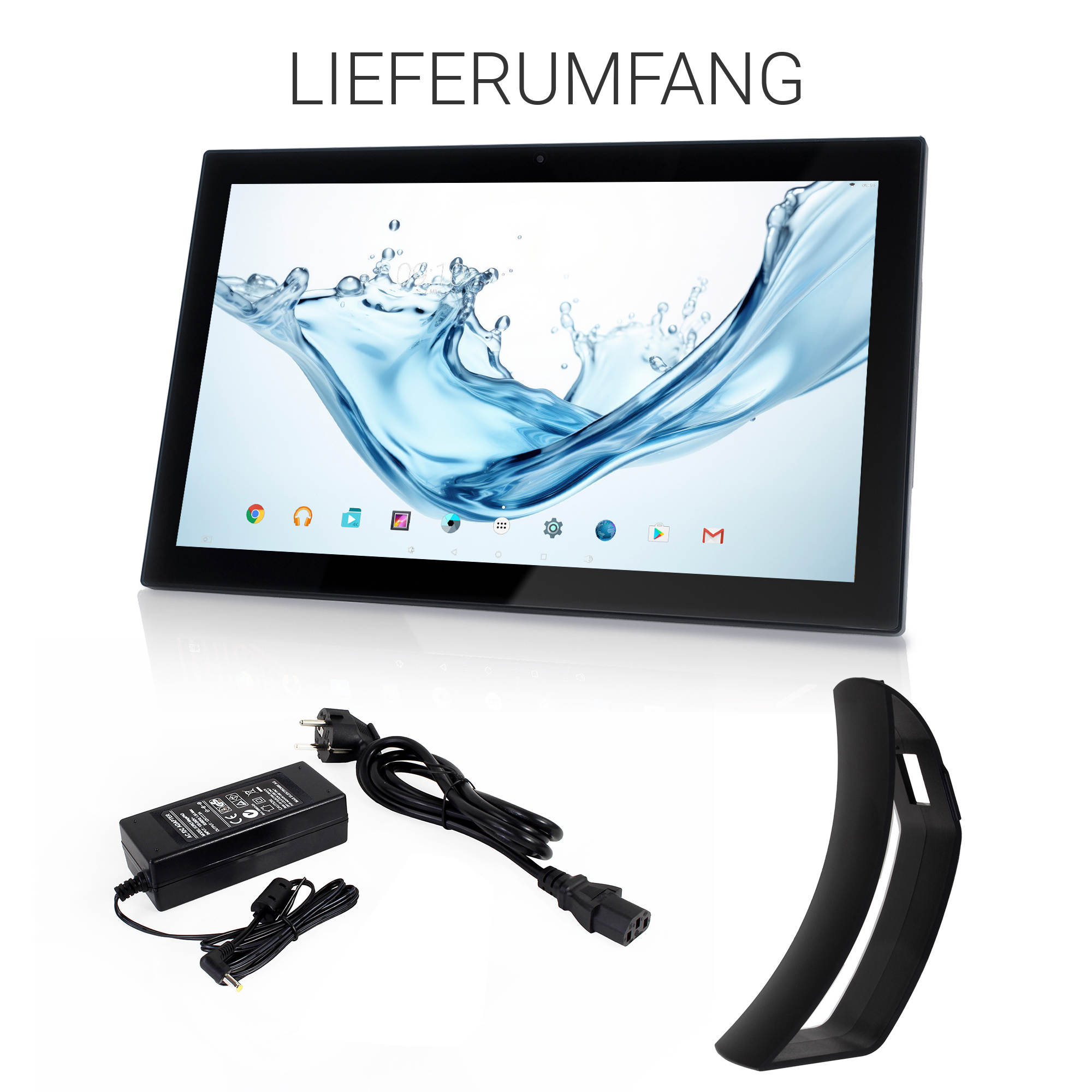 Tablet, Netzteil, Kabel und Halterung auf weißem Hintergrund.