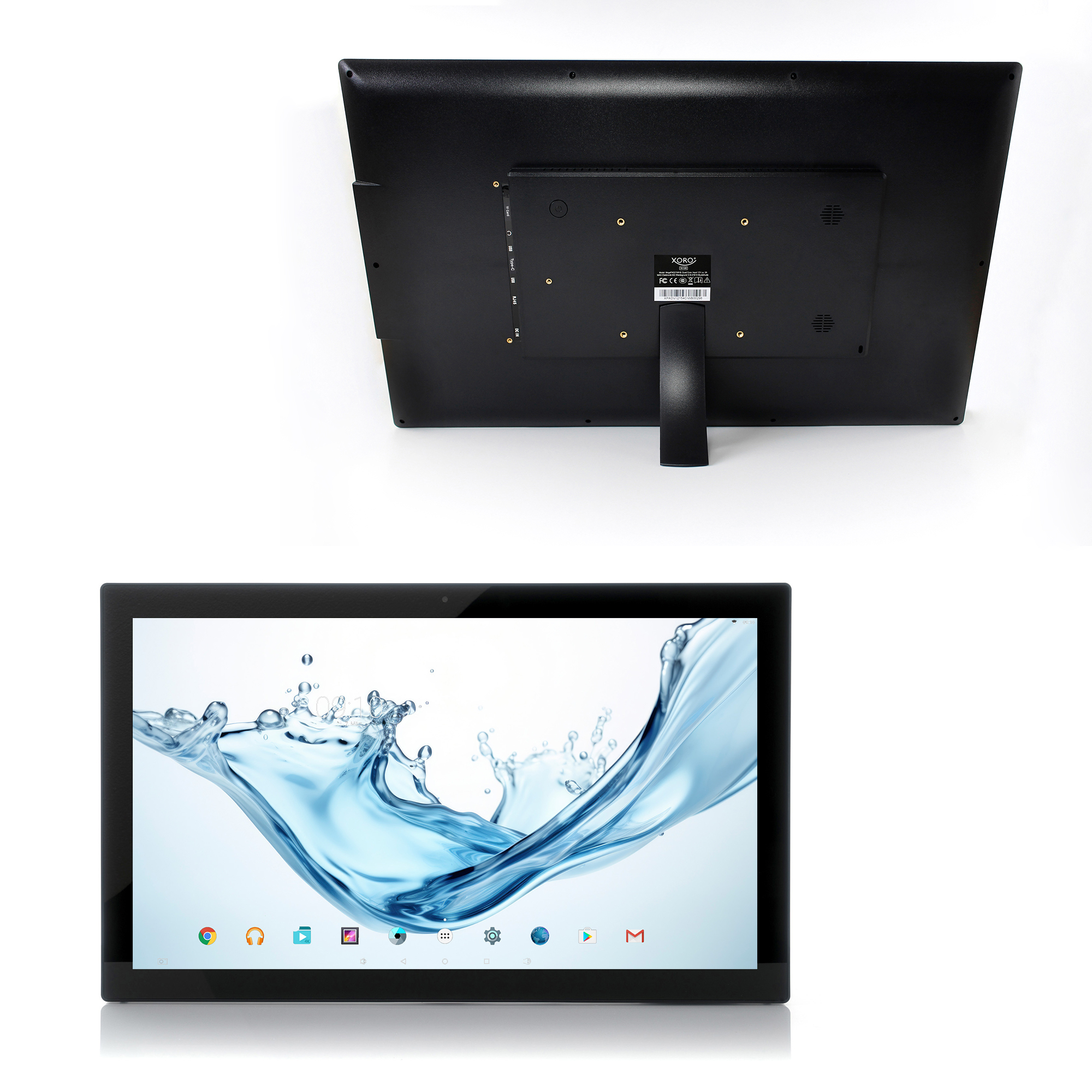 Ein schwarzes Tablet mit einem Wasserspritzer-Hintergrund und Symbolen unten.