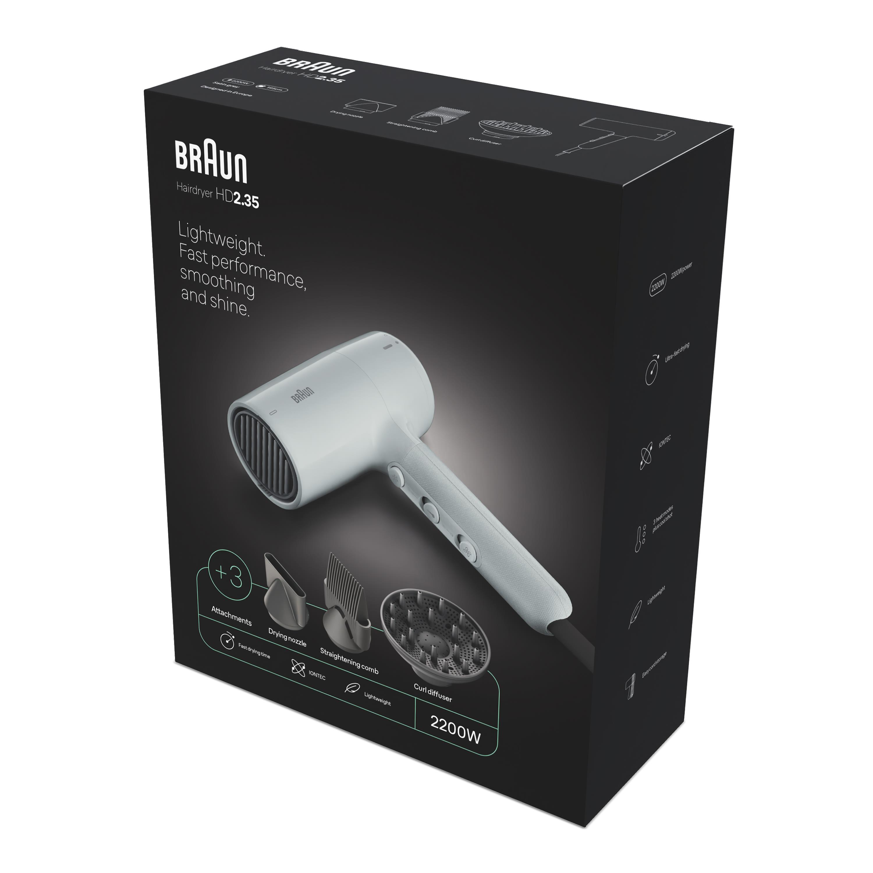 Saten gri Braun HD2.35 saç kurutma makinesi, başlıklar ve 2200W güç ile.