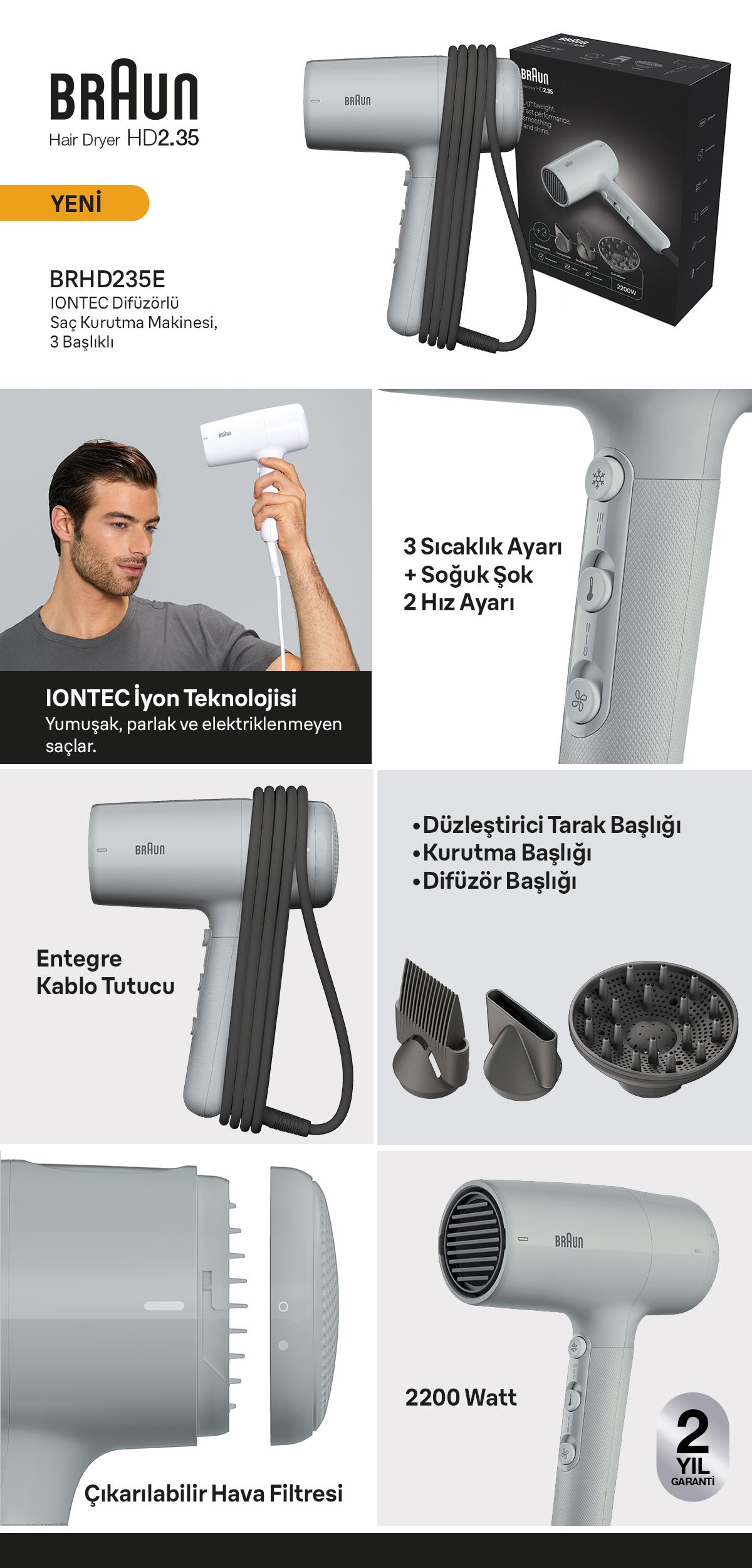 Gri Braun HD2.35 saç kurutma makinesi aksesuarlar, kablo ve kutu ile.