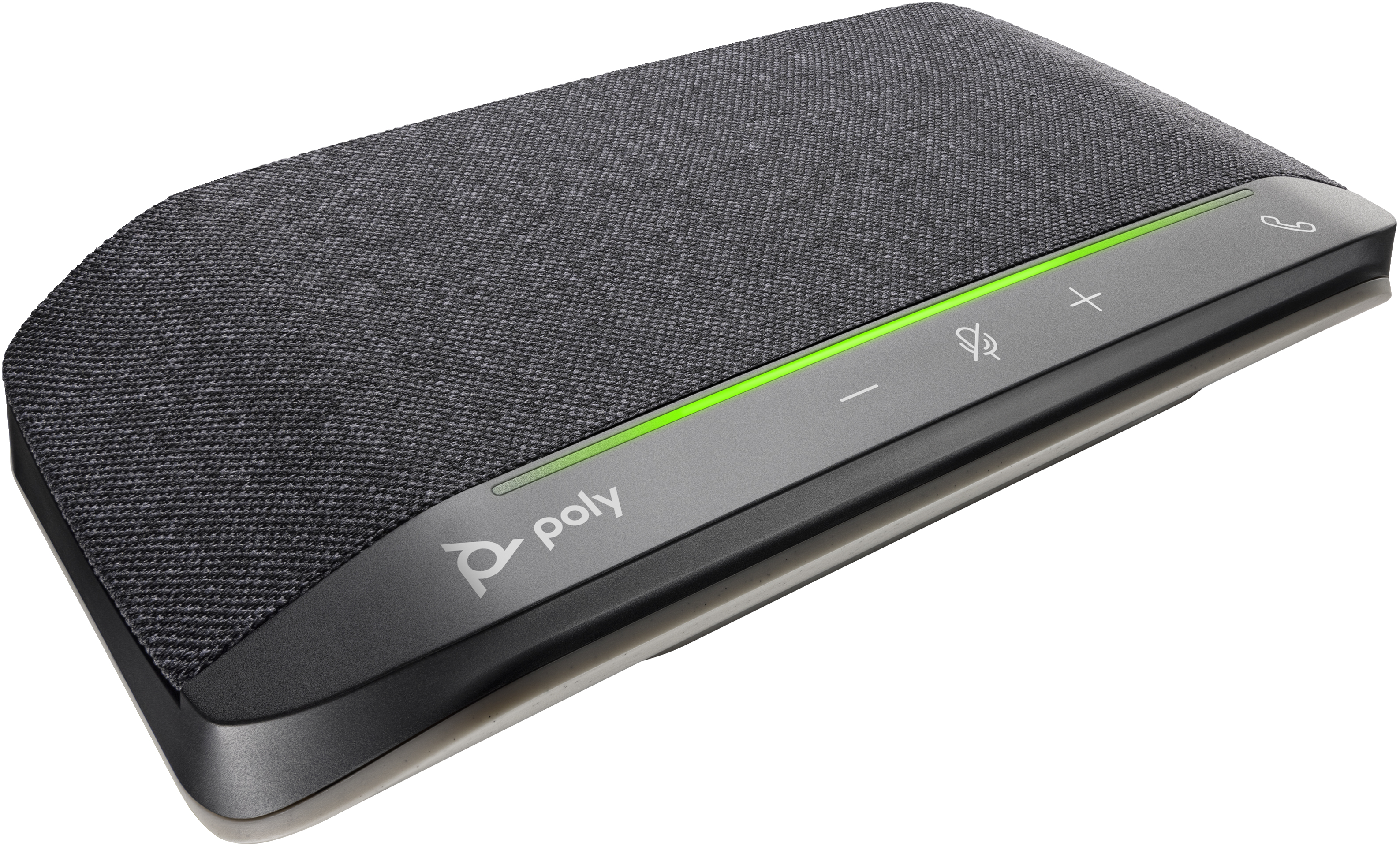 Altavoz gris Poly para conferencias con controles táctiles y barra de luz verde.