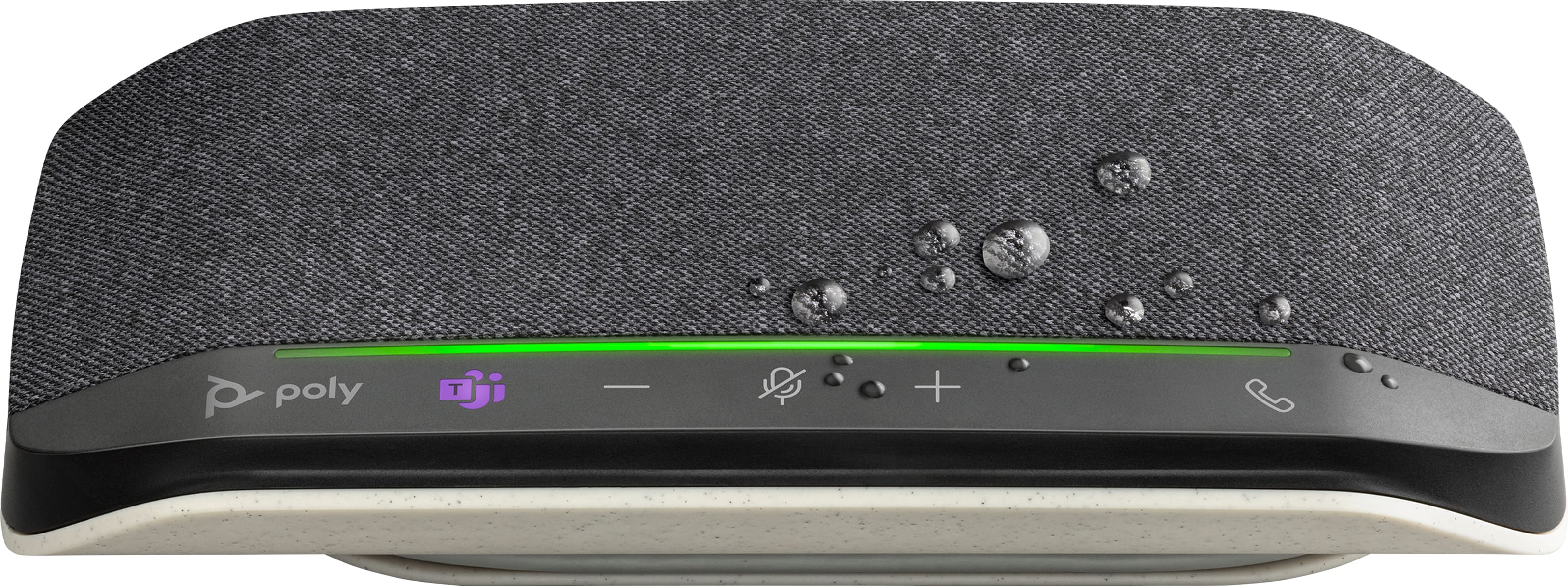 Altavoz Poly gris con barra de luz verde y gotas de agua.