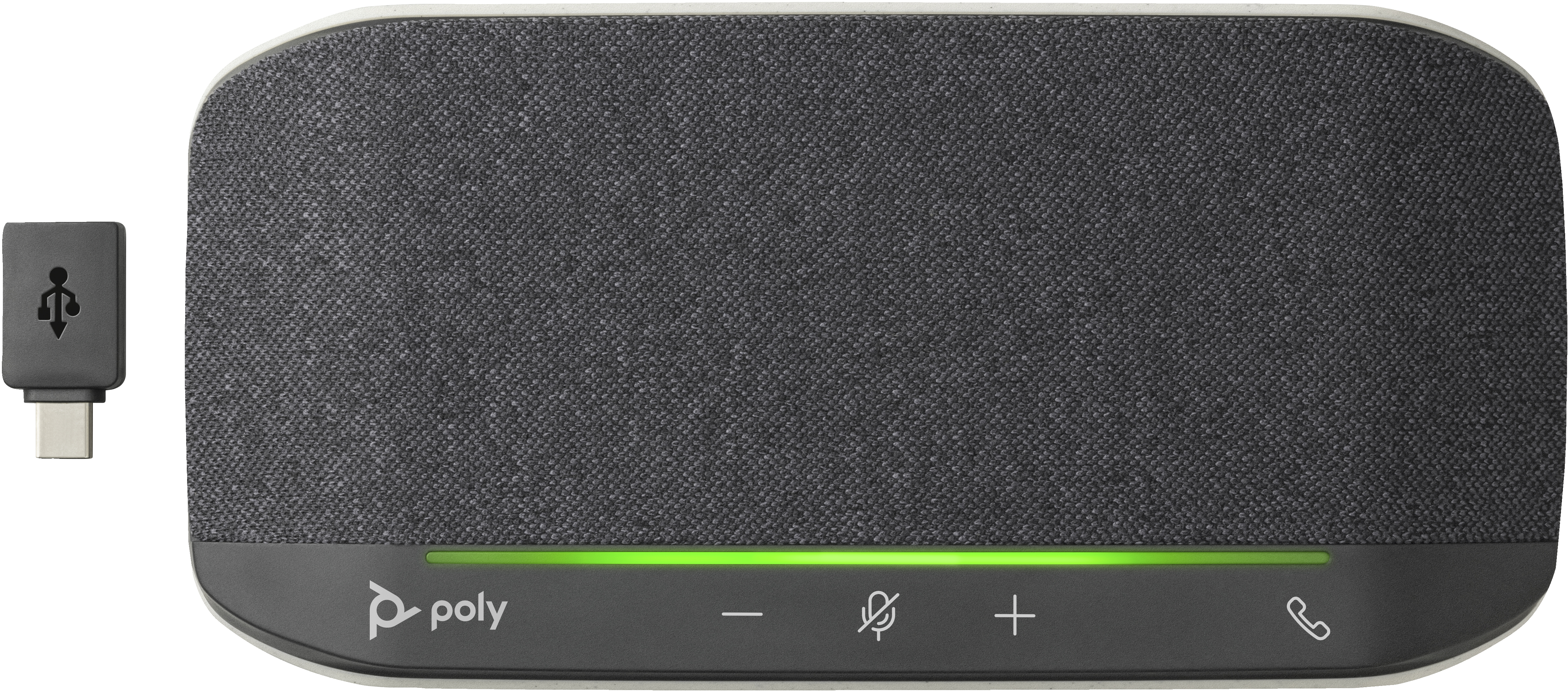 Altavoz Poly gris con dongle USB-C. Barra de luz LED verde.