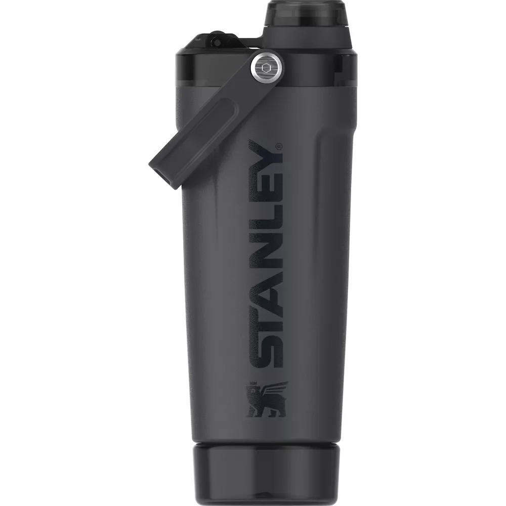 Siyah kapaklı, kulplu gri Stanley shaker.