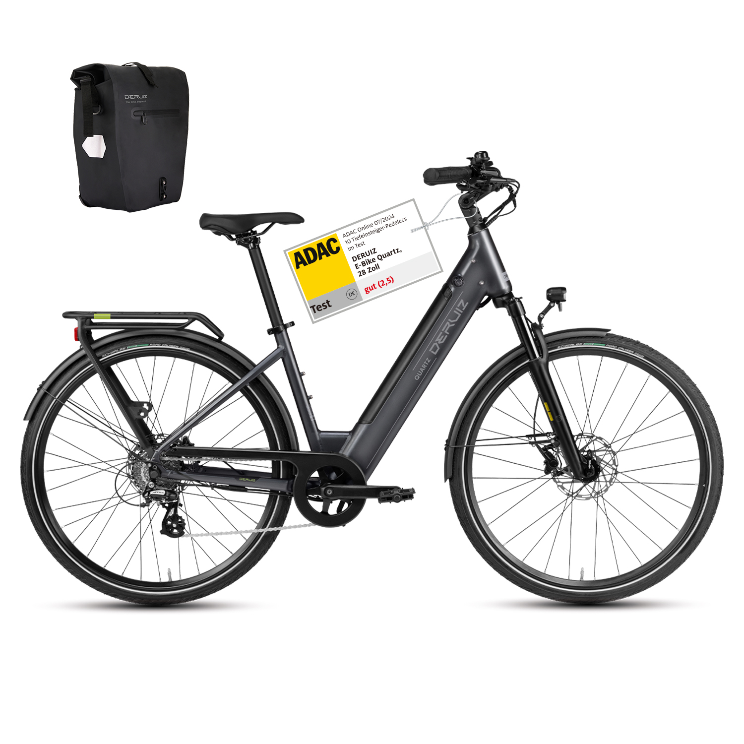 Ein schwarzes E-Bike mit Gepäcktasche und ADAC-Testsiegel.