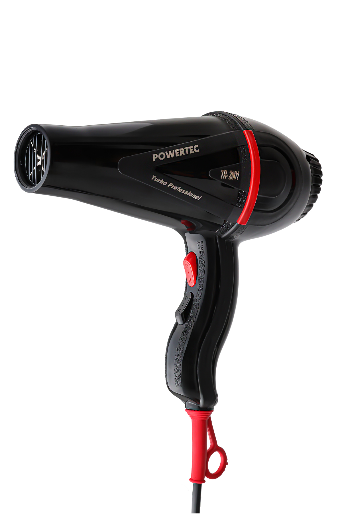 Kırmızı vurgular ve Powertec logolu siyah saç kurutma makinesi, beyazda izole.