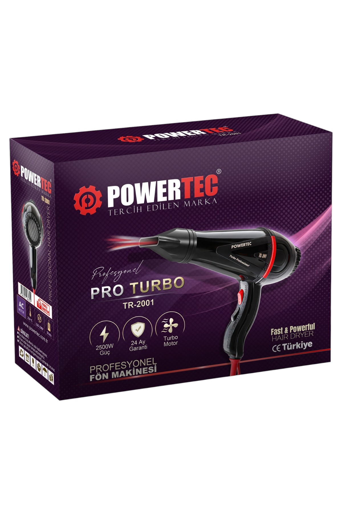 Kırmızı vurgulu siyah Powertec saç kurutma makinesi kutusu ve ürün bilgileri.