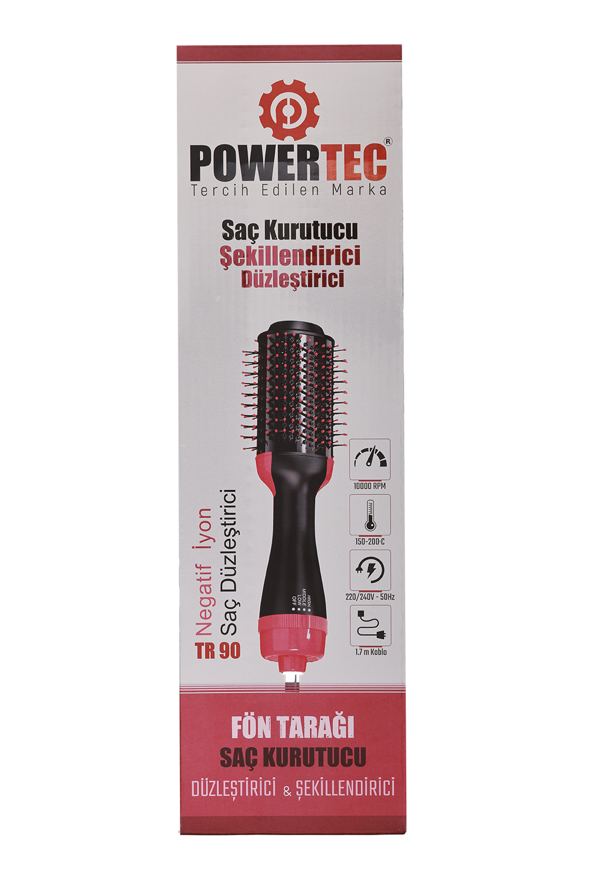 Döner fırçalı Powertec saç kurutma makinesi, siyah/pembe, 10000 RPM, 150-200°C ikonları.