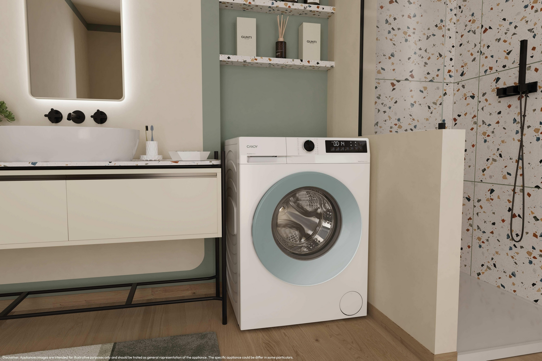 Bagno con lavatrice, lavandino e doccia con piastrelle in terrazzo.