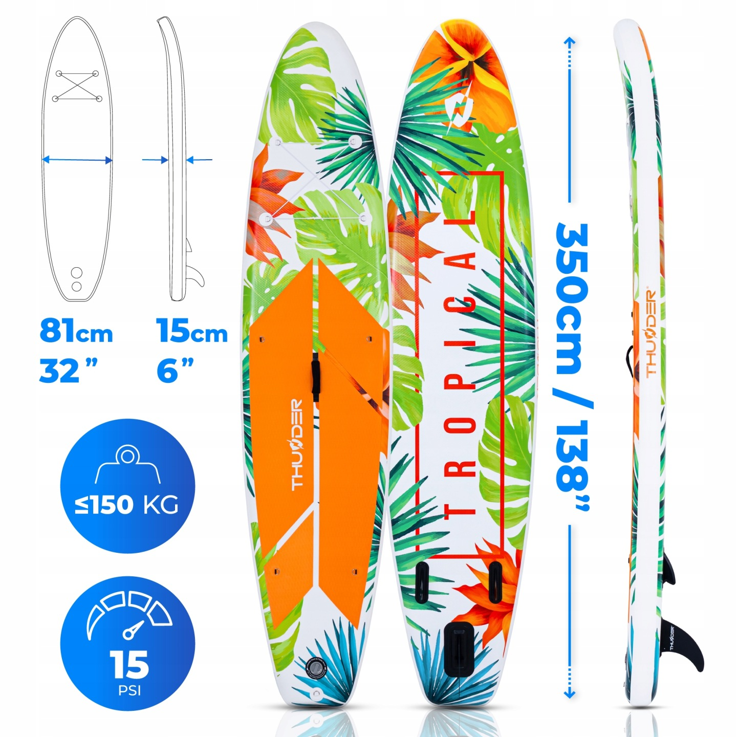 Nadmuchiwana deska SUP z tropikalnym wzorem, długa na 350cm, szeroka na 81cm, gruba na 15cm.