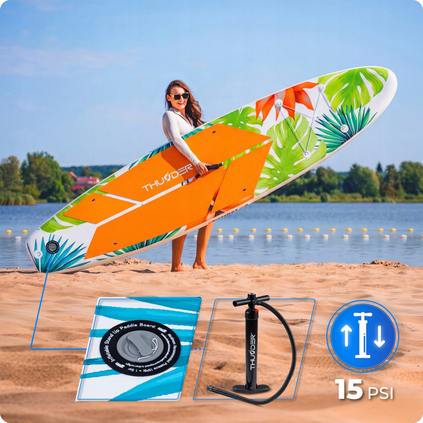 Kobieta na plaży z nadmuchiwaną deską SUP, pompką i wskaźnikiem 15 PSI.