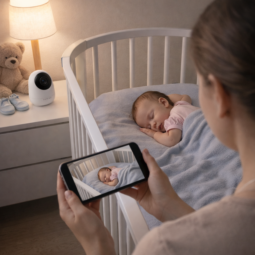 Kobieta trzyma telefon pokazujący śpiące dziecko. Dziecko śpi w łóżeczku.