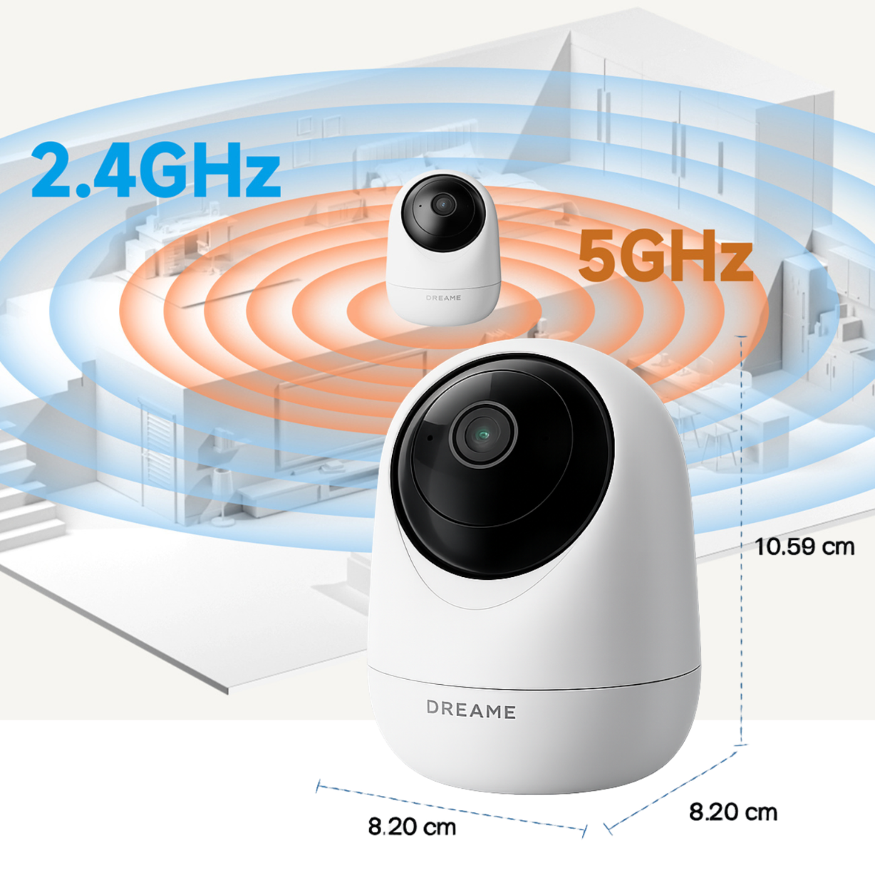 Dwa białe aparaty Dreame, jeden mały, jeden duży, z sygnałami 2,4 GHz i 5 GHz.