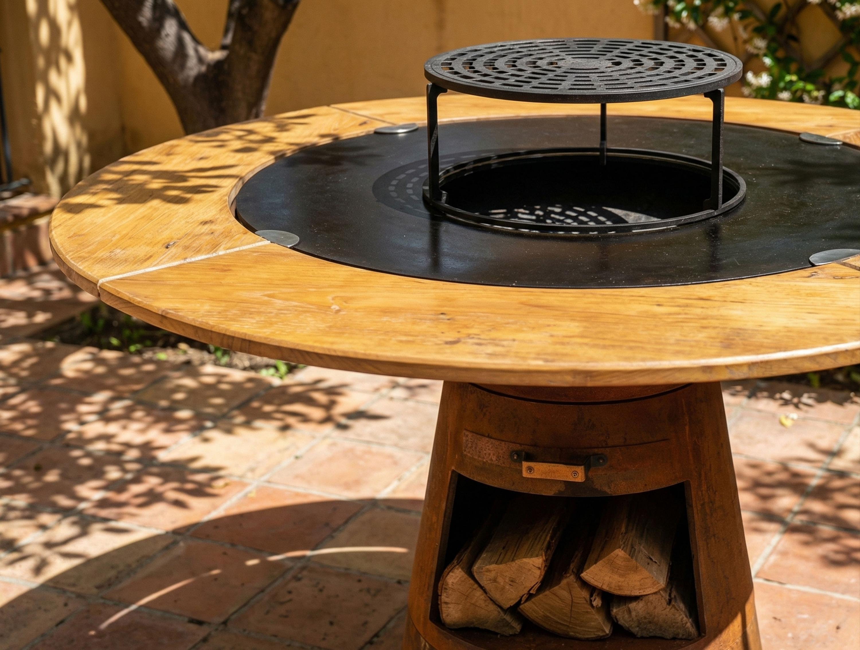 Ein runder Holztisch mit integriertem Grill und Holzscheiten im Sockel.