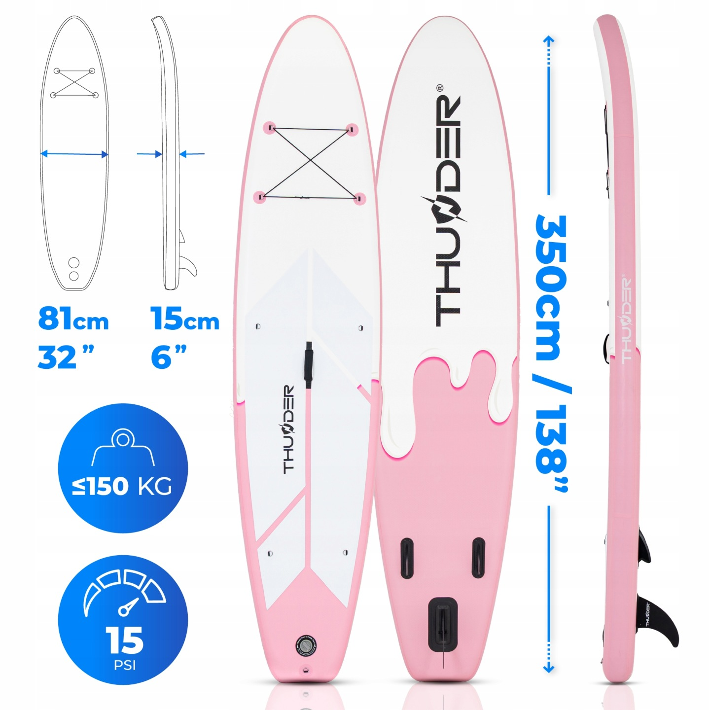 Nadmuchiwana deska SUP z logo THUNDER, różowo-biała, długa na 350cm.