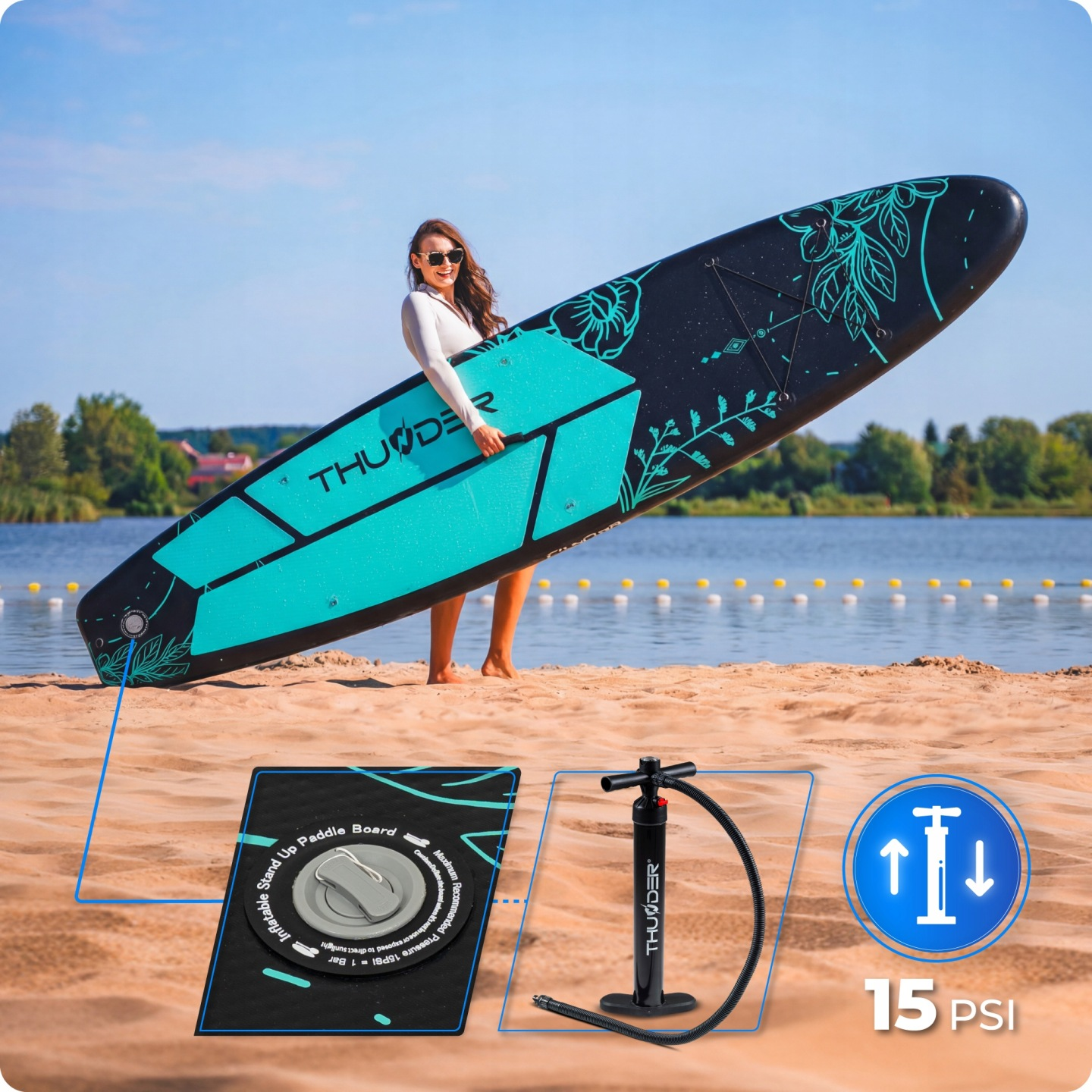 Kobieta na plaży trzymająca dmuchaną deskę SUP; pompka i wskaźnik 15 PSI.