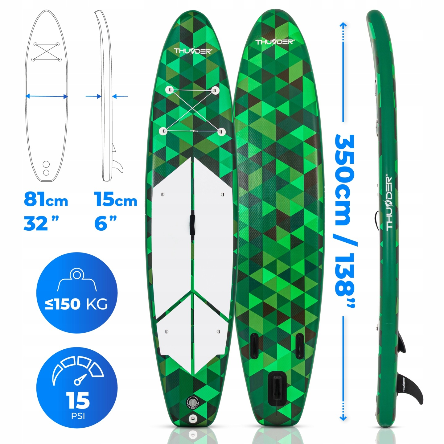 Zielony dmuchany paddleboard z geometrycznym wzorem, wymiary 350x81x15cm, maks. 150kg.