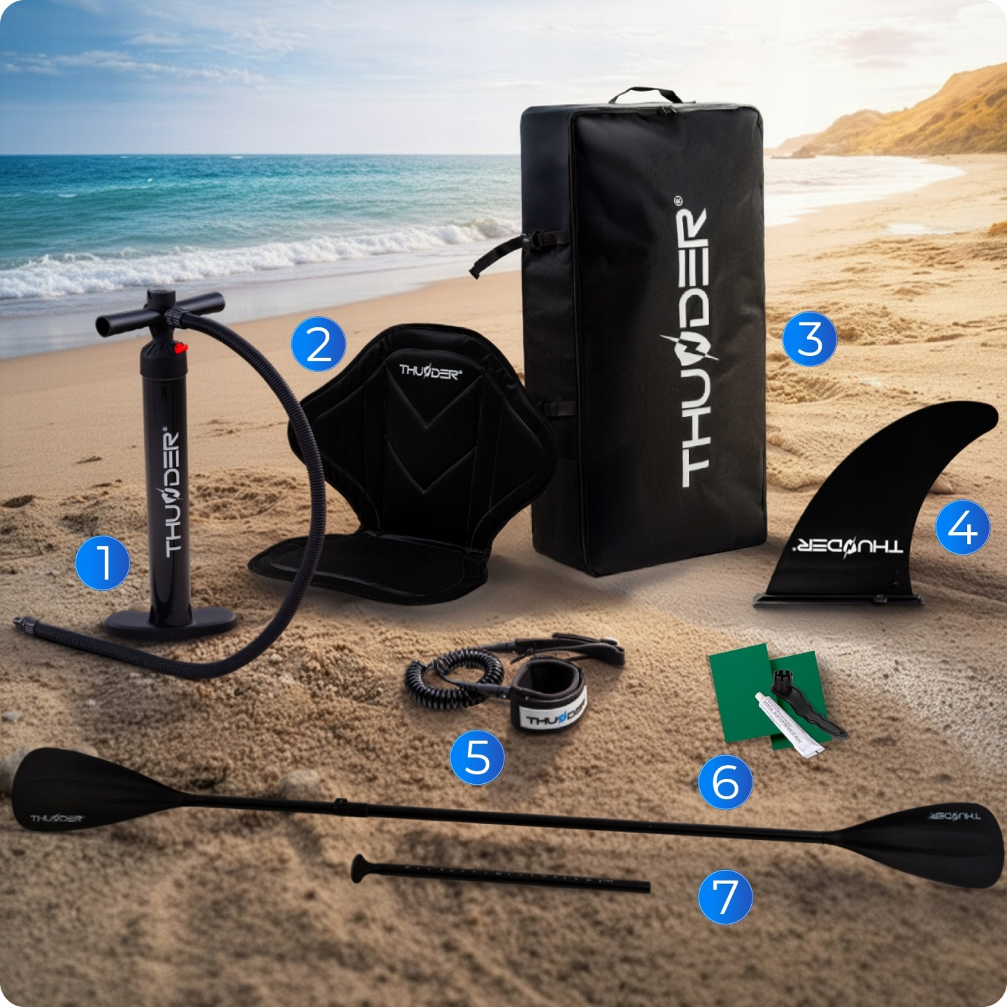 Akcesoria SUP na plaży: pompka, siedzenie, torba, płetwa, smycz, wiosło.