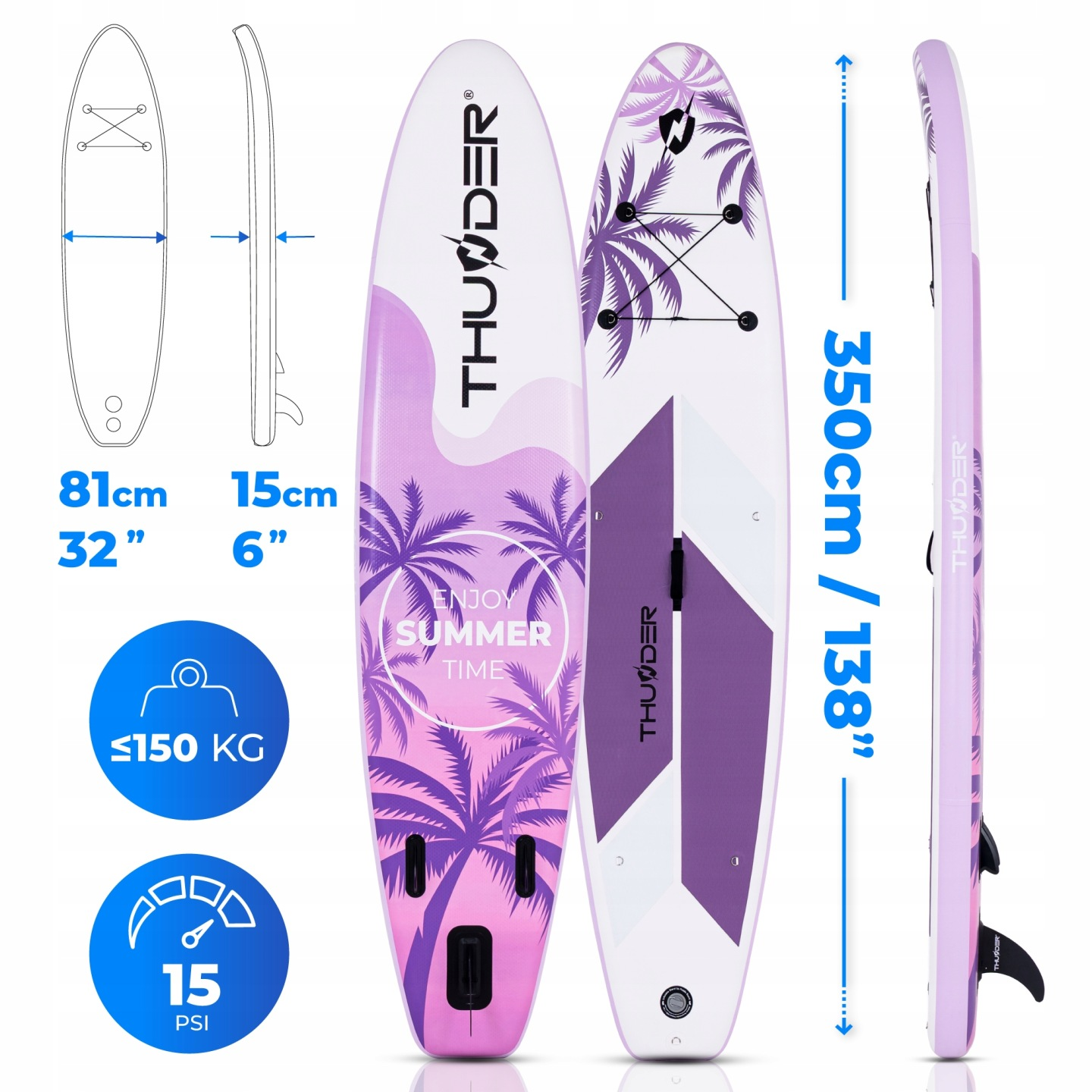 Nadmuchiwana deska SUP z motywem palm, 350cm długa, 81cm szeroka, 15cm gruba, maks. 150kg.