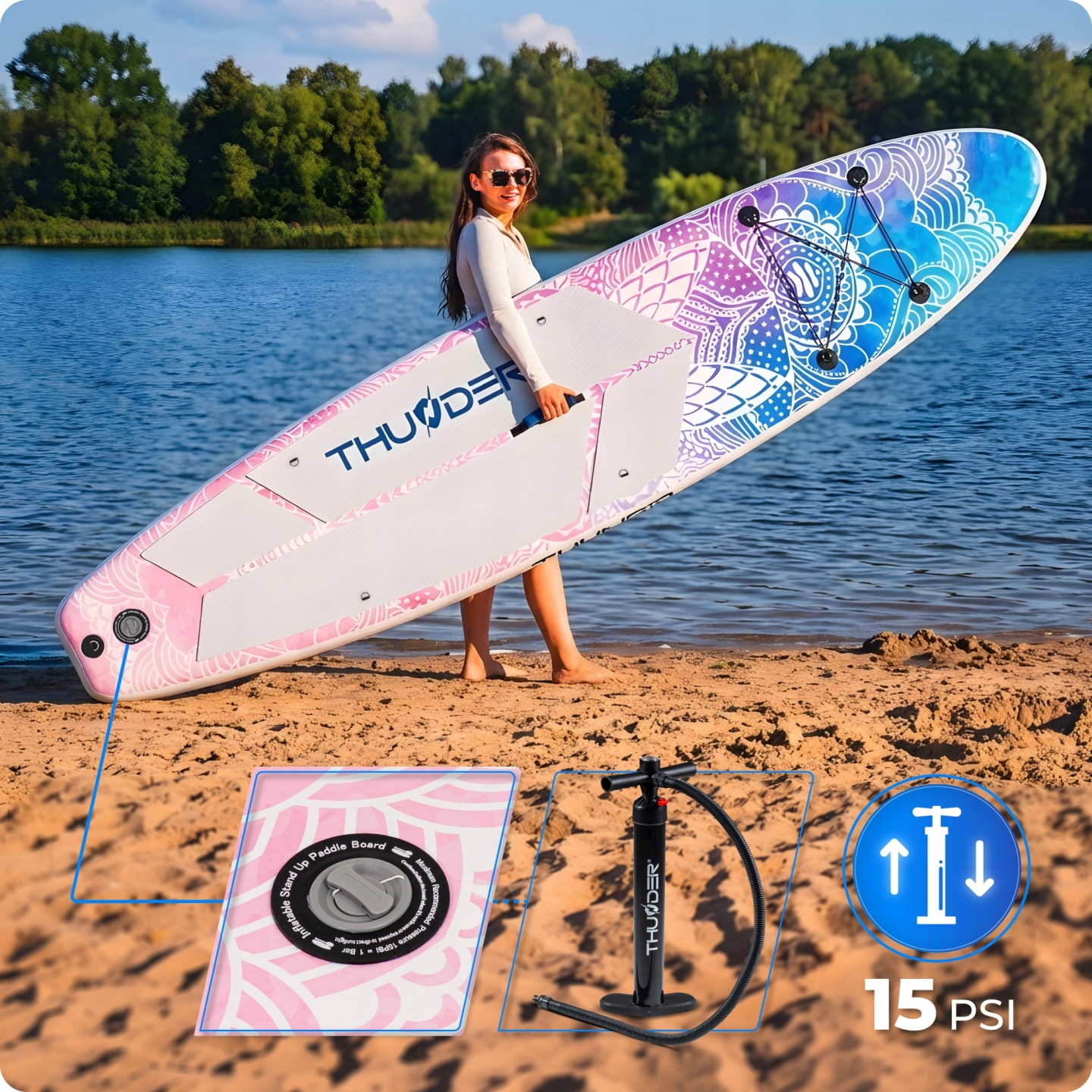 Kobieta na plaży trzyma kolorową dmuchaną deskę SUP. Pokazano pompkę i 15 PSI.