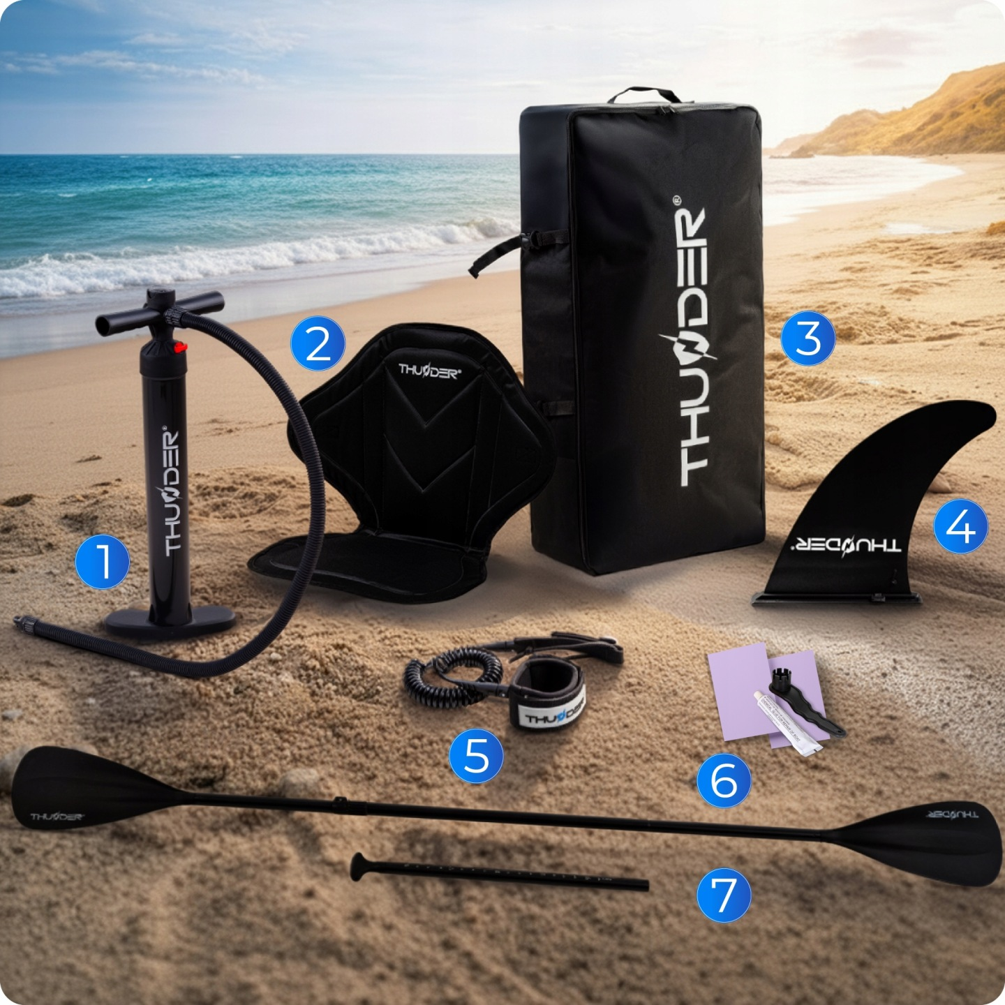 Akcesoria SUP na plaży: pompka, siedzenie, torba, płetwa, smycz, zestaw naprawczy, wiosła.