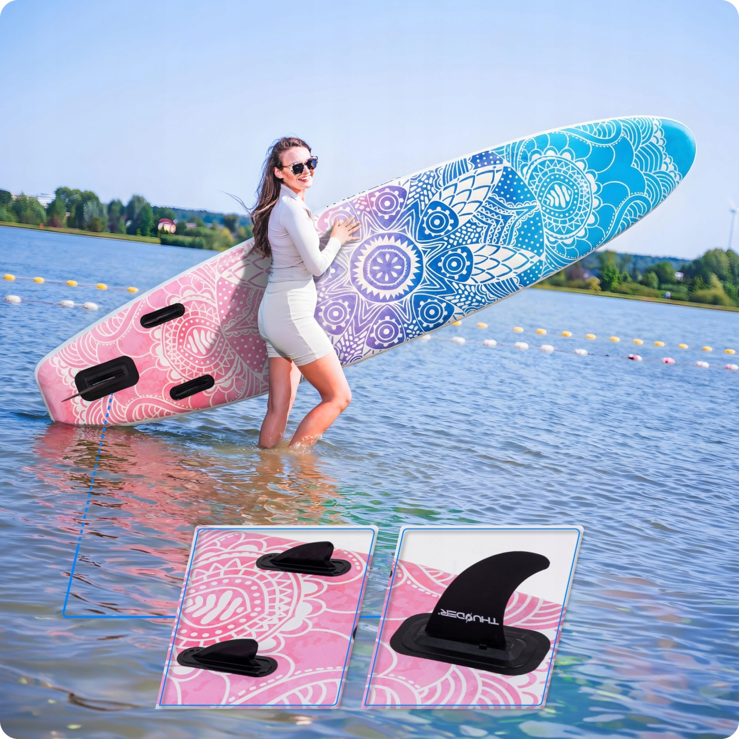 Kobieta z fioletową i różową deską surfingową w wodzie.