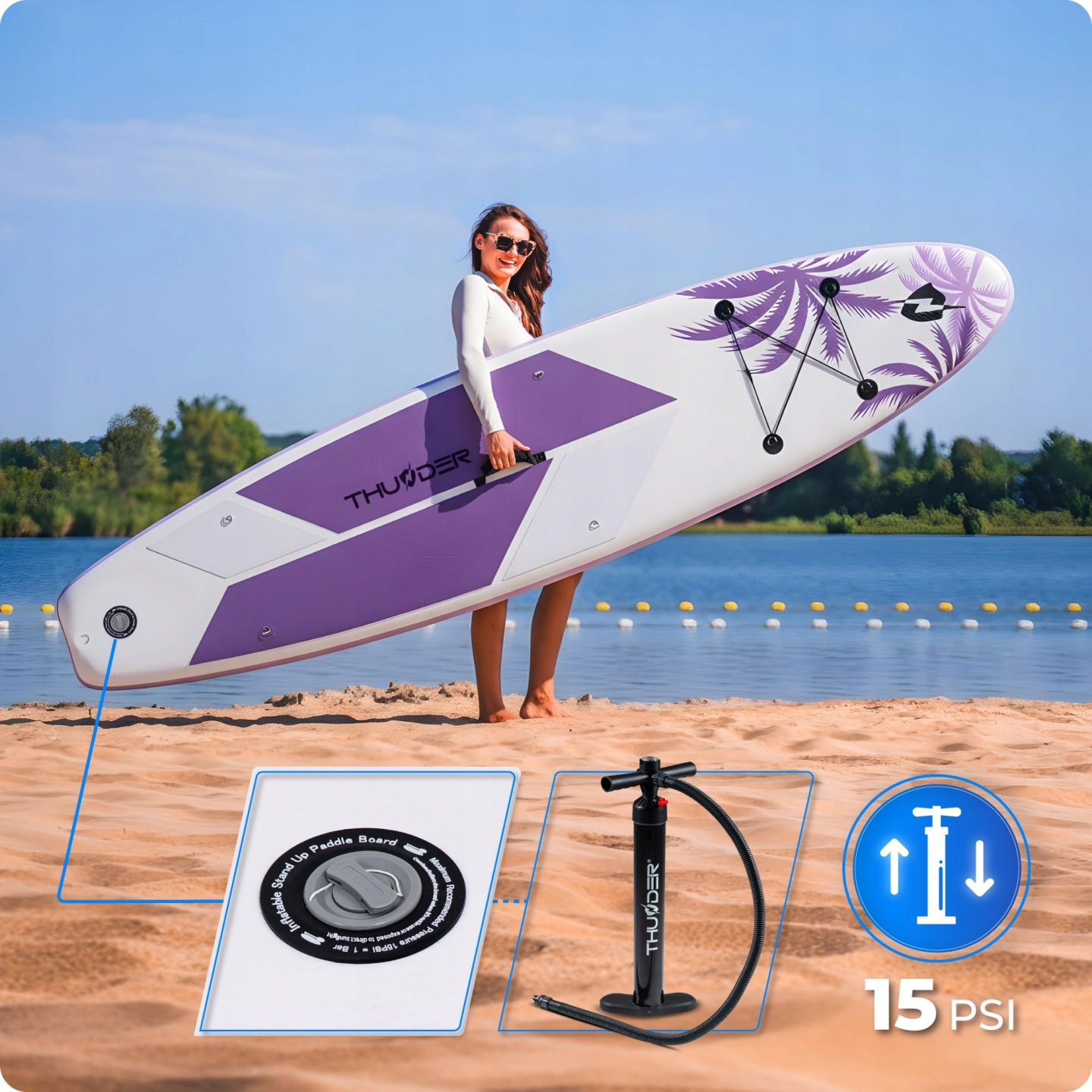 Kobieta na plaży trzyma fioletową i białą deskę SUP. Pokazano pompkę i wskaźnik PSI.