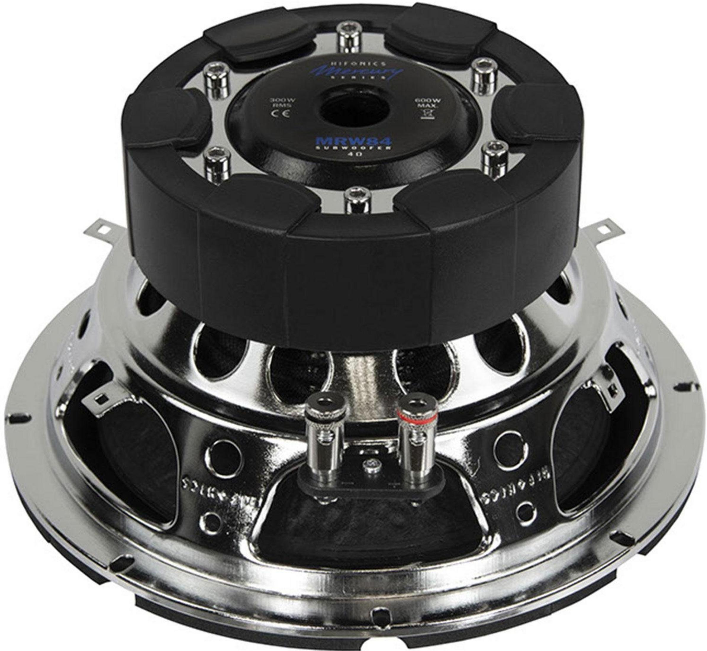 Ein Hifonics-Auto-Subwoofer mit schwarzer Membran und silbernem Korb.