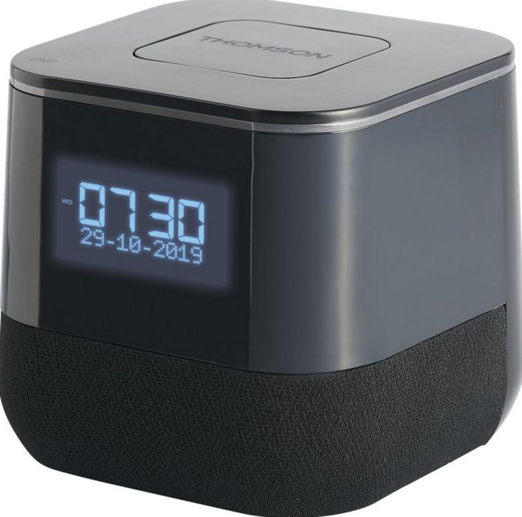 Ein schwarzer Thomson Radiowecker mit digitaler Anzeige zeigt 07:30 an.
