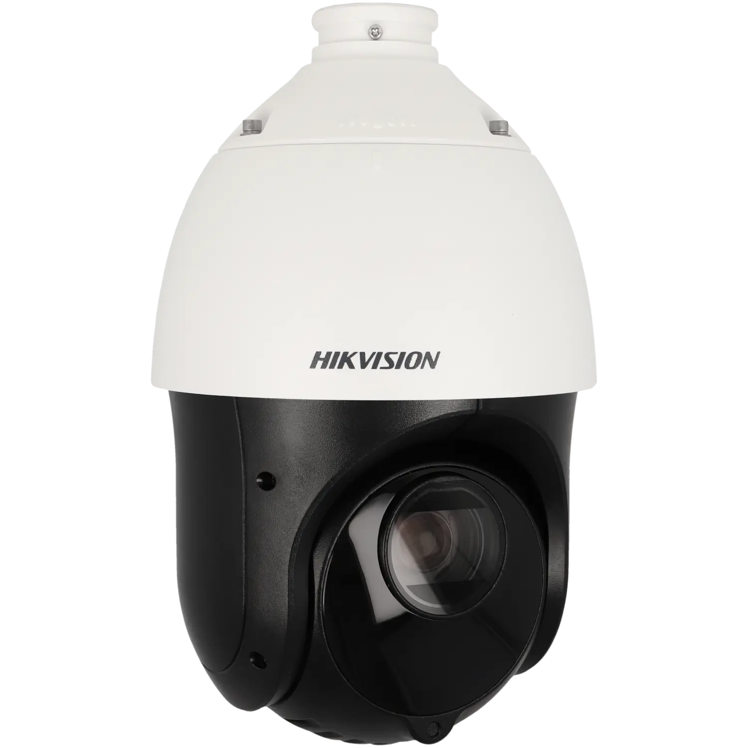 Una telecamera di sorveglianza Hikvision in bianco e nero con alloggiamento a cupola e lente.