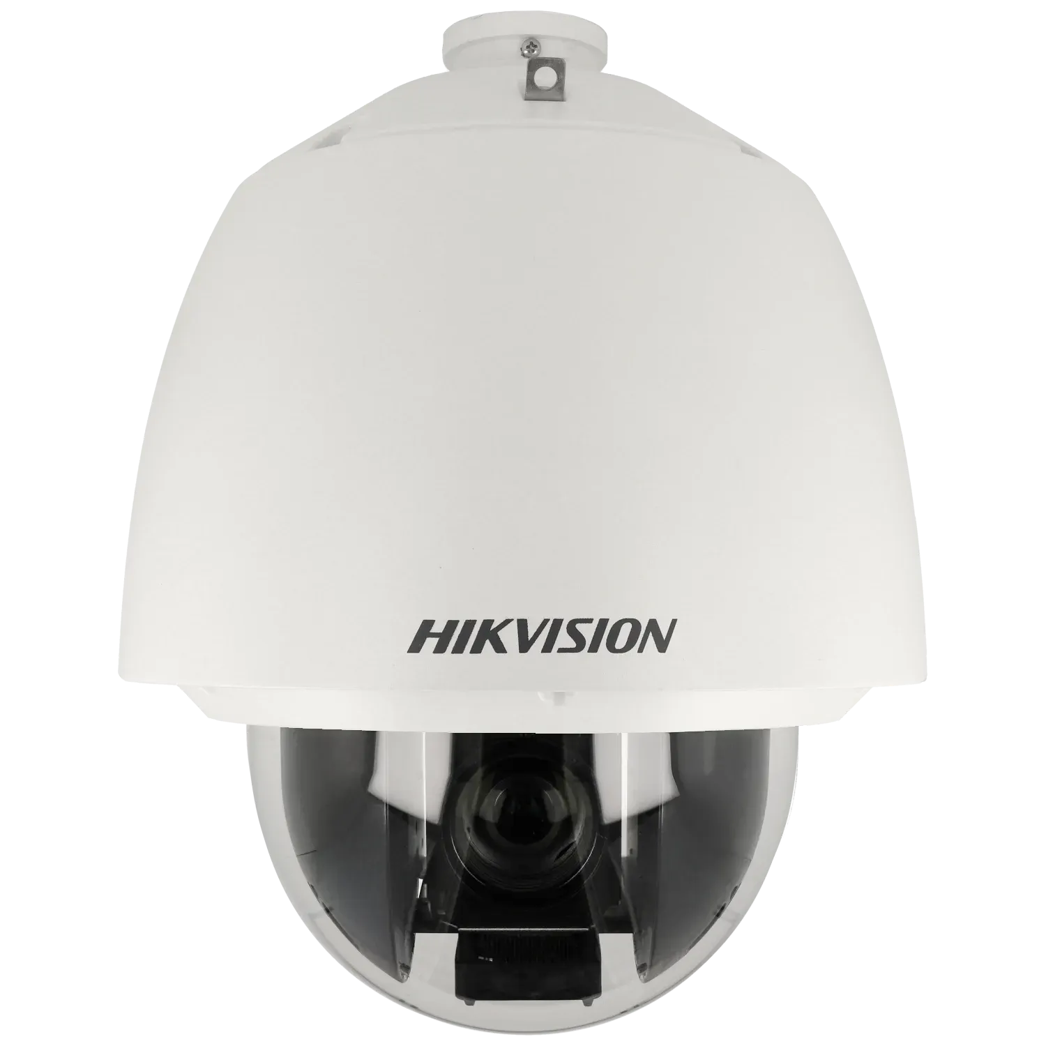 Witte Hikvision domecamera met heldere koepel en zwart interieur.