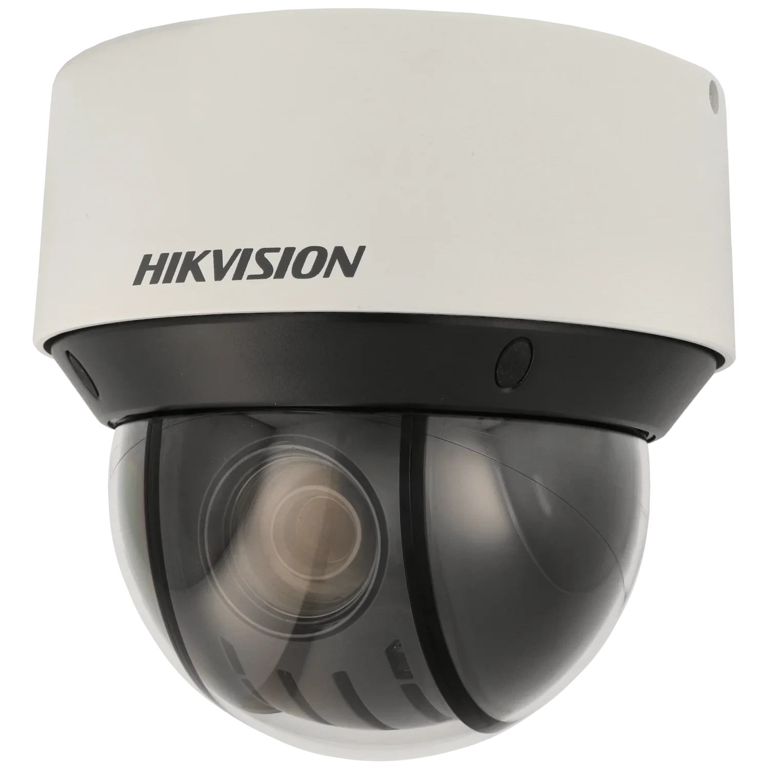 A white Hikvision dome security camera with a black base and a clear dome lens.