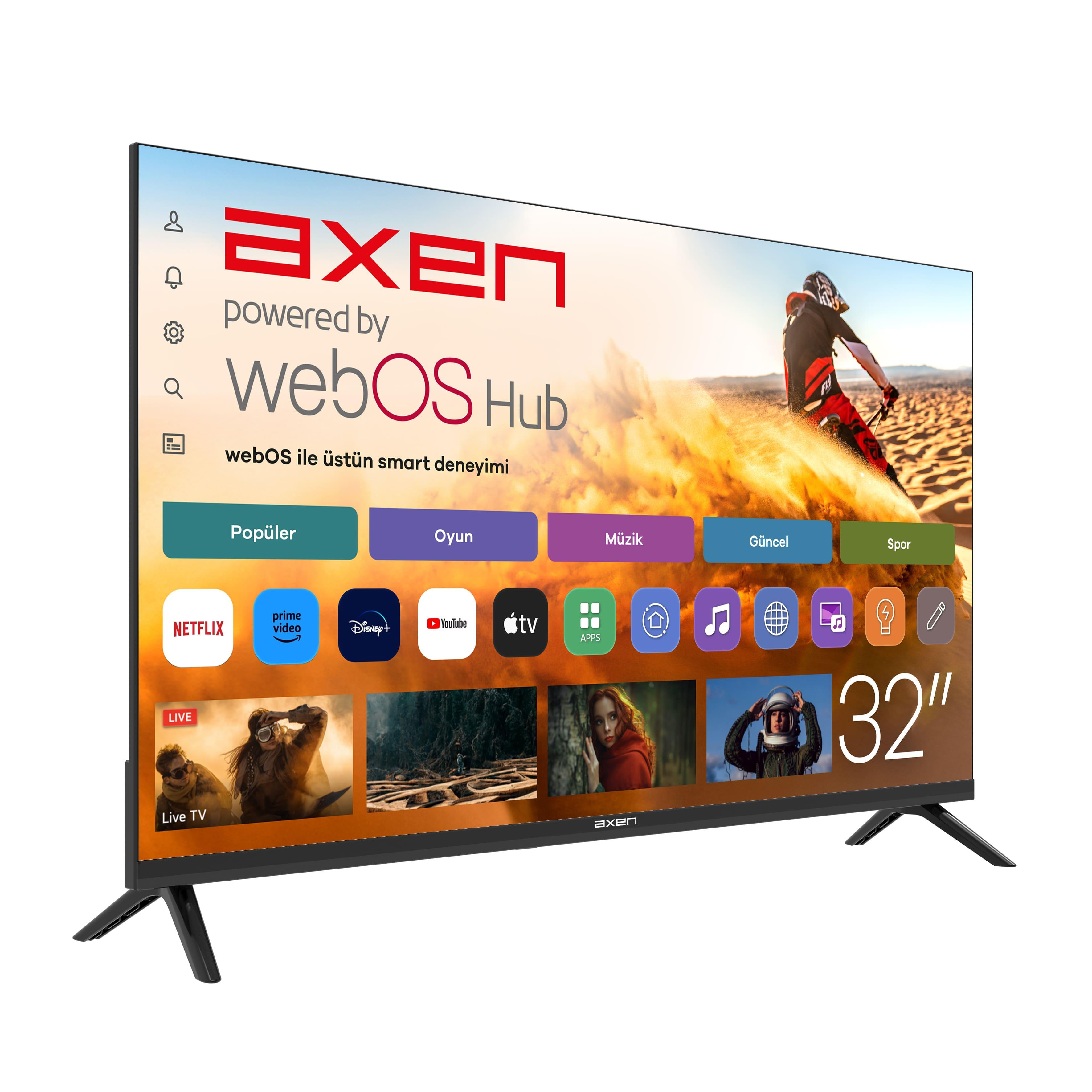 32 inç Axen TV, webOS Hub arayüzünü uygulamalar ve canlı TV içerikleriyle gösteriyor.