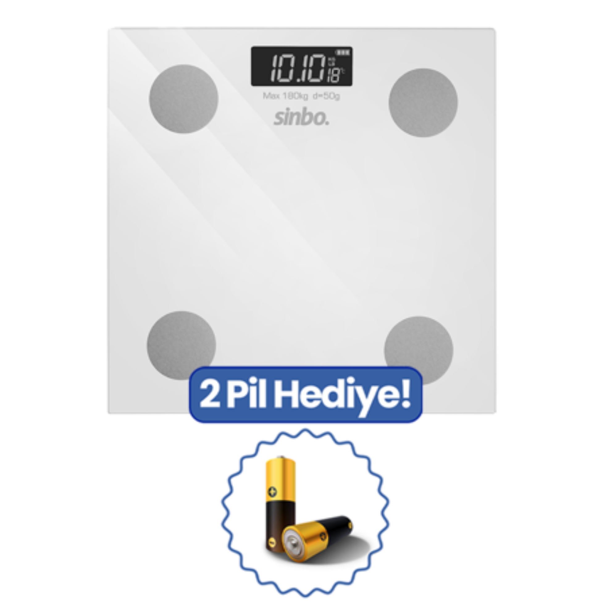 10.10°C gösteren siyah ekranlı beyaz dijital tartı. Piller dahildir.