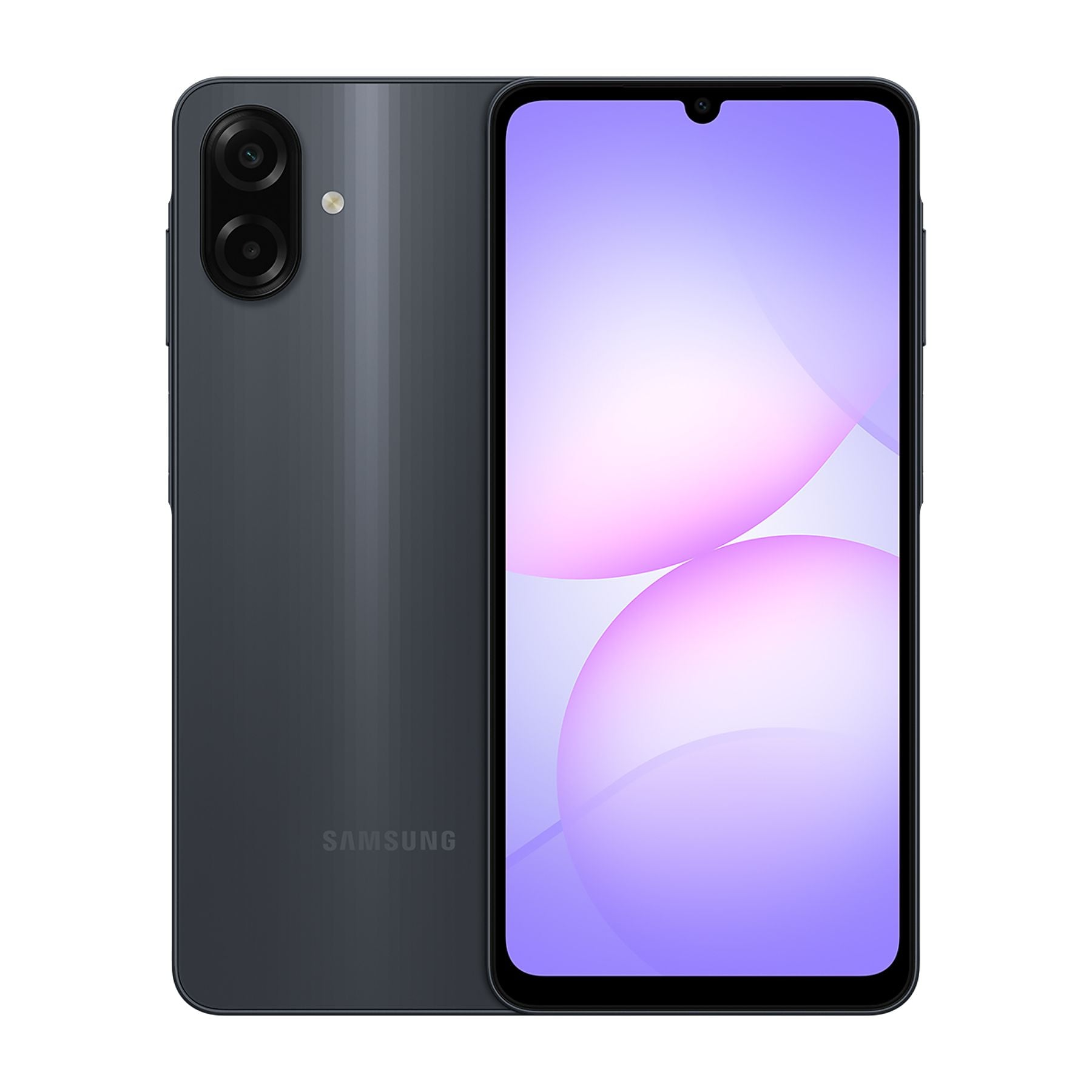 Çift kamera lensli ve boş ekranlı koyu renk Samsung akıllı telefon.