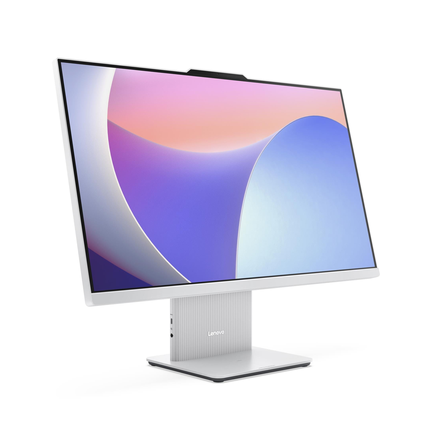 Ekranında renkli soyut duvar kağıdı bulunan beyaz bir Lenovo hepsi-bir-arada bilgisayar.