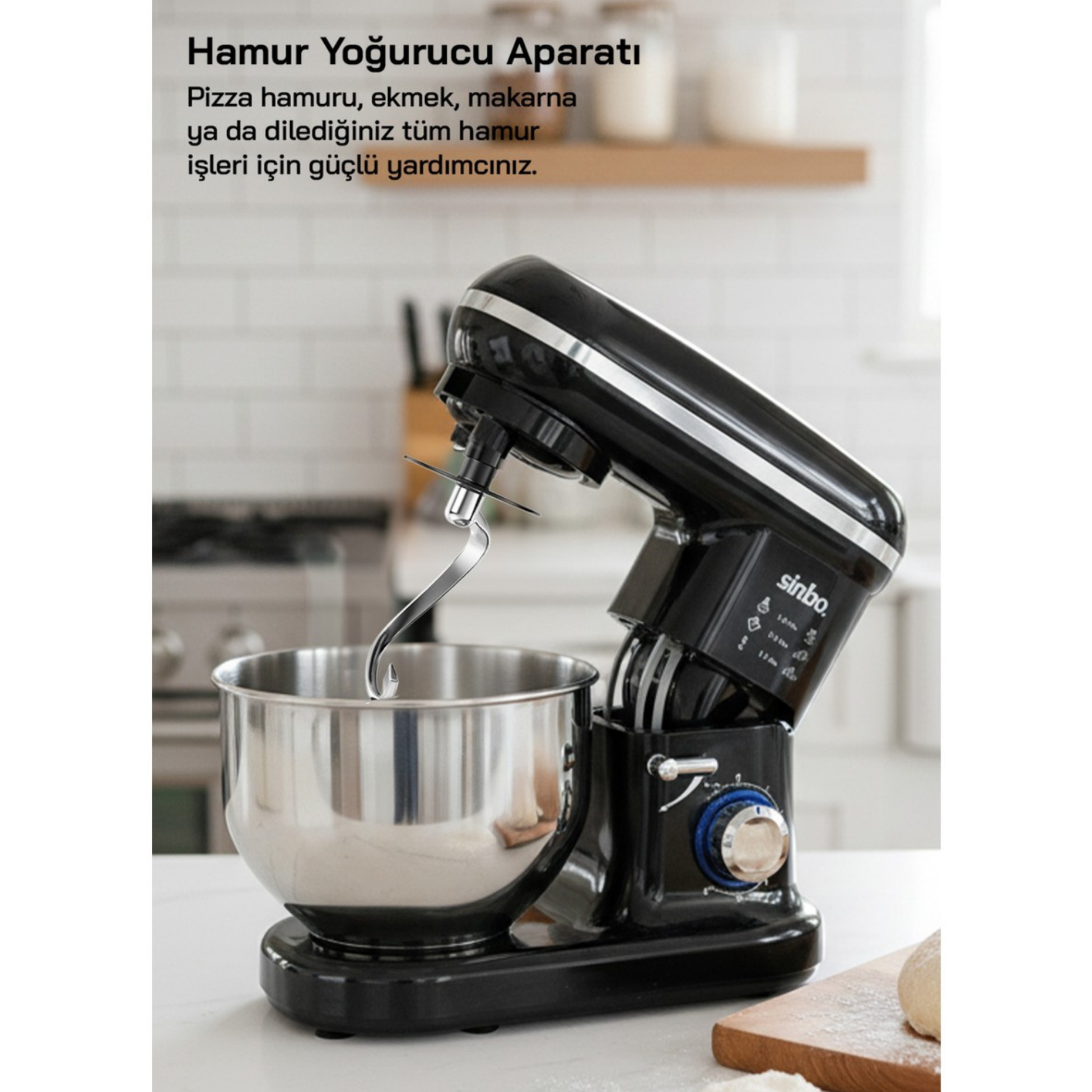 Hamur yoğurucu aparat, çelik hazne ve hamur kancası.