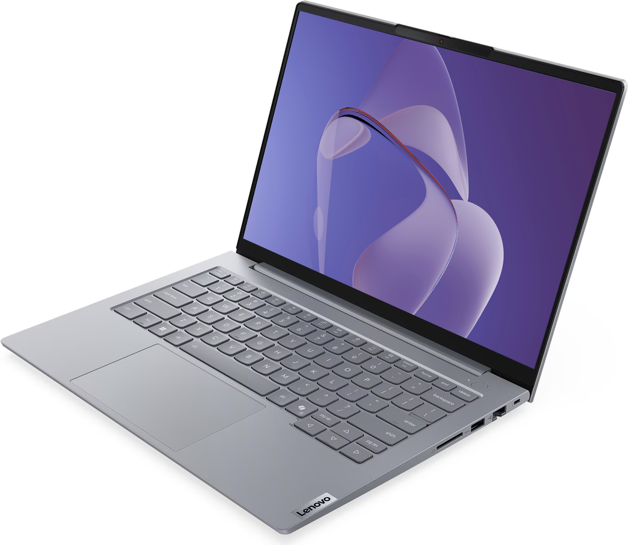 Gümüş renkli Lenovo dizüstü bilgisayar açık, ekranda mor soyut duvar kağıdı gösteriyor.