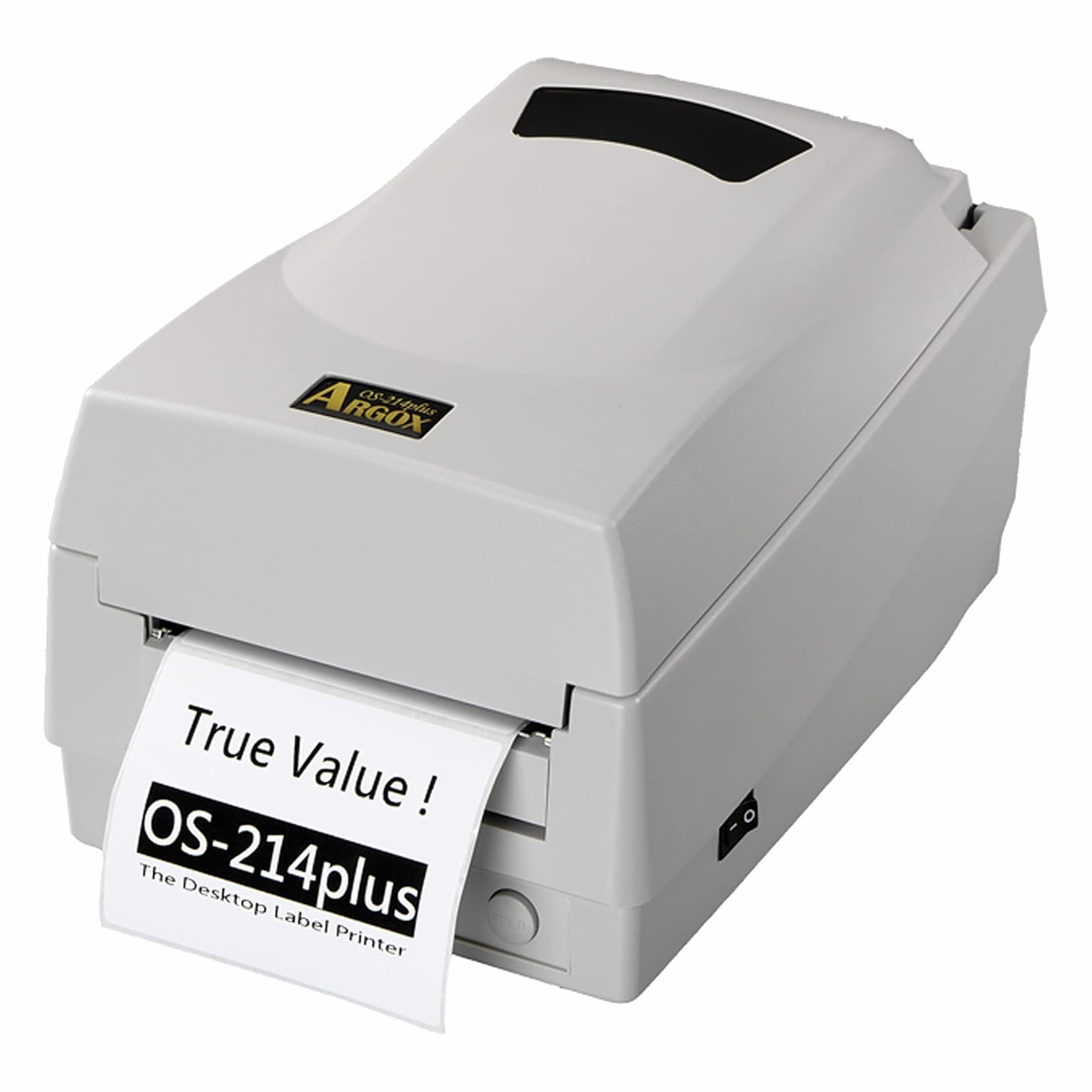 Üzerinde 'True Value! OS-214plus' yazan bir etiketle birlikte gri bir Argox OS-214plus masaüstü etiket yazıcısı.