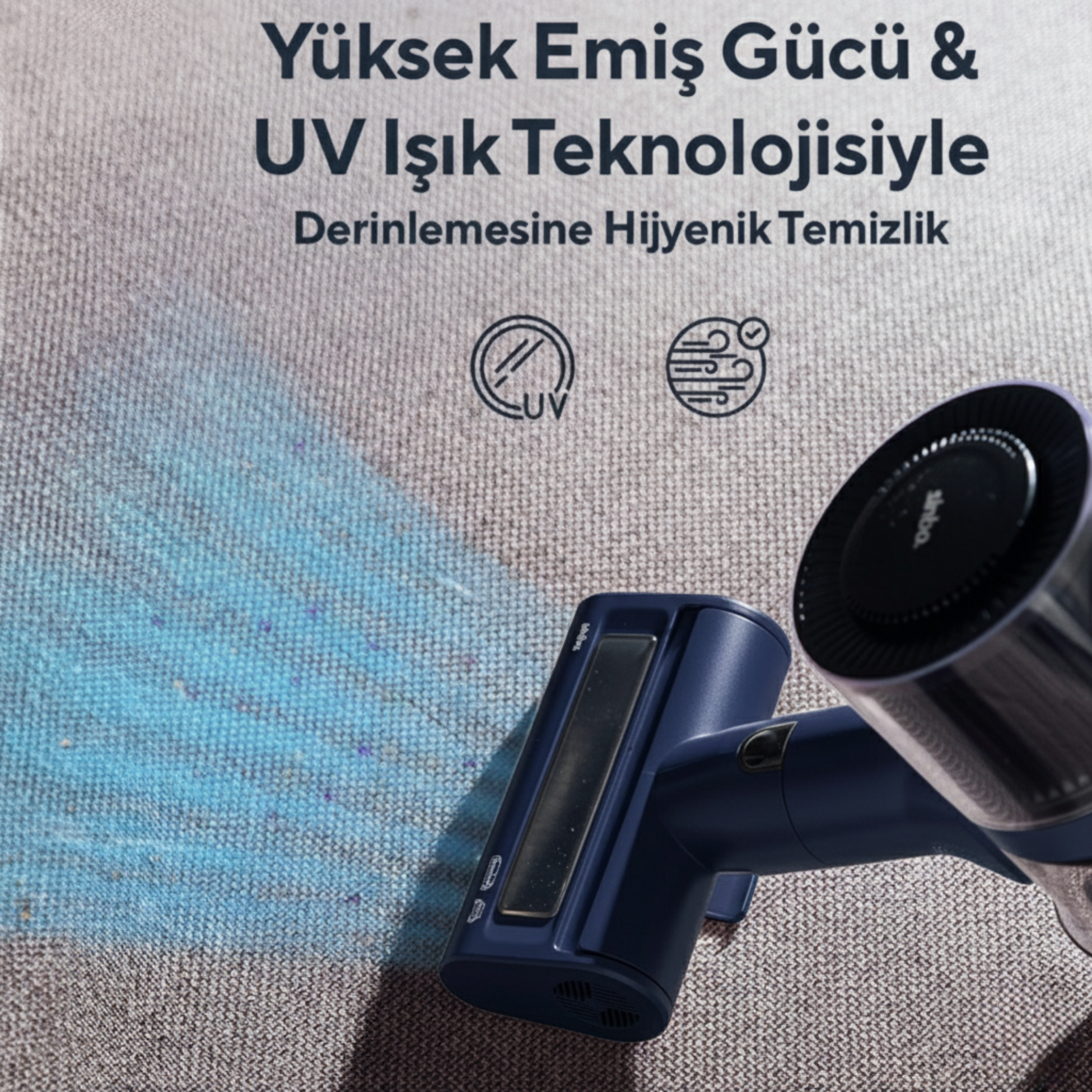 Mavi el süpürgesi, gri halı üzerinde UV ışık simgeleriyle.